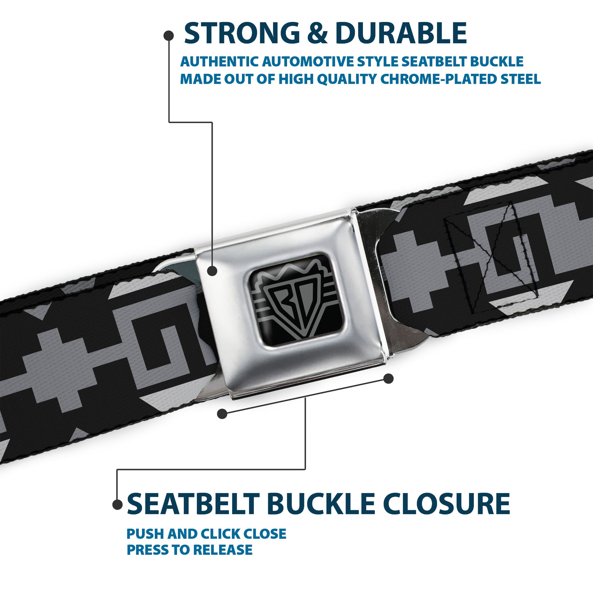 BD Wings Logo CLOSE-UP Full Color Black Silver Seatbelt Belt - Navajo2 Black/Gray Webbing Seatbelt Belts Buckle-Down