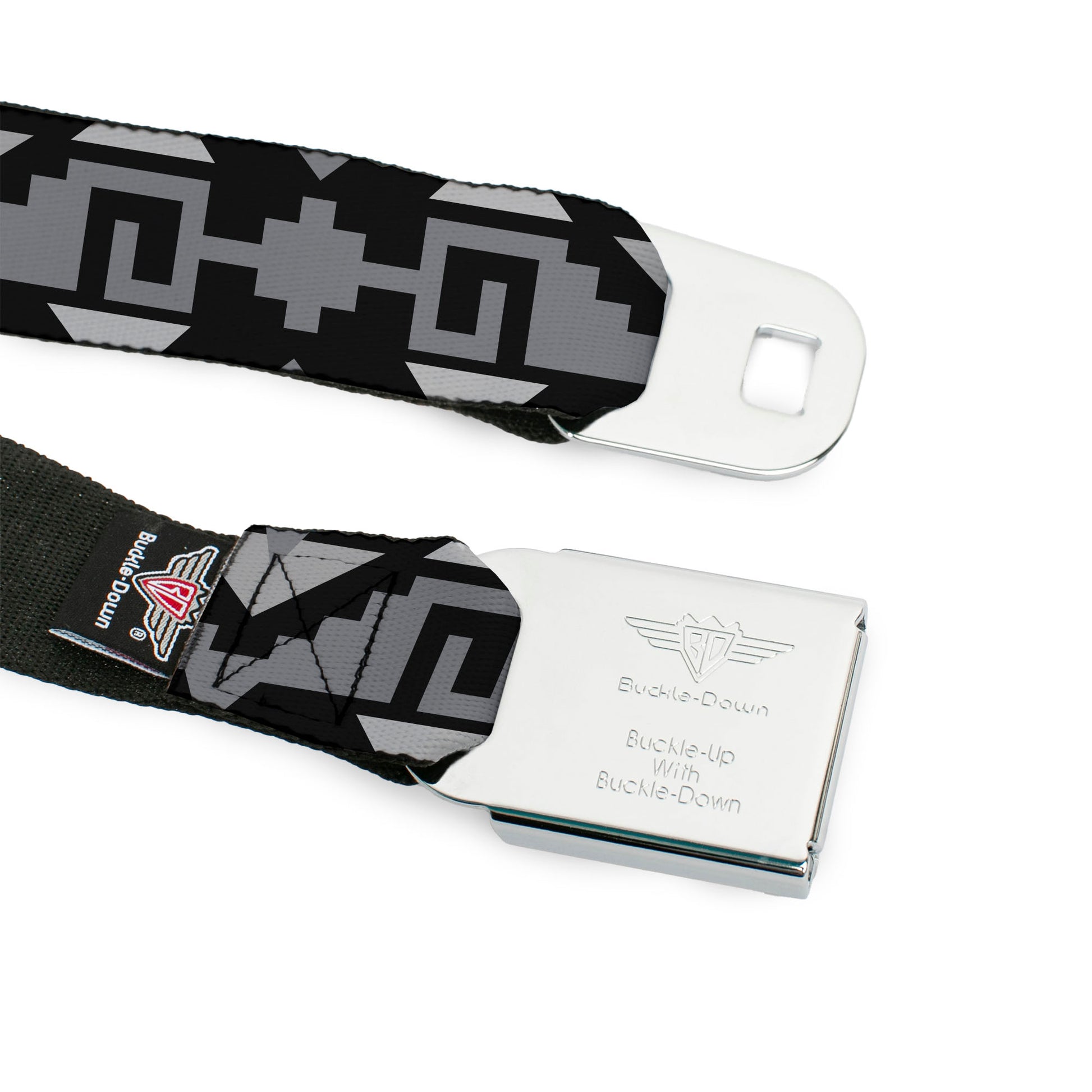 BD Wings Logo CLOSE-UP Full Color Black Silver Seatbelt Belt - Navajo2 Black/Gray Webbing Seatbelt Belts Buckle-Down