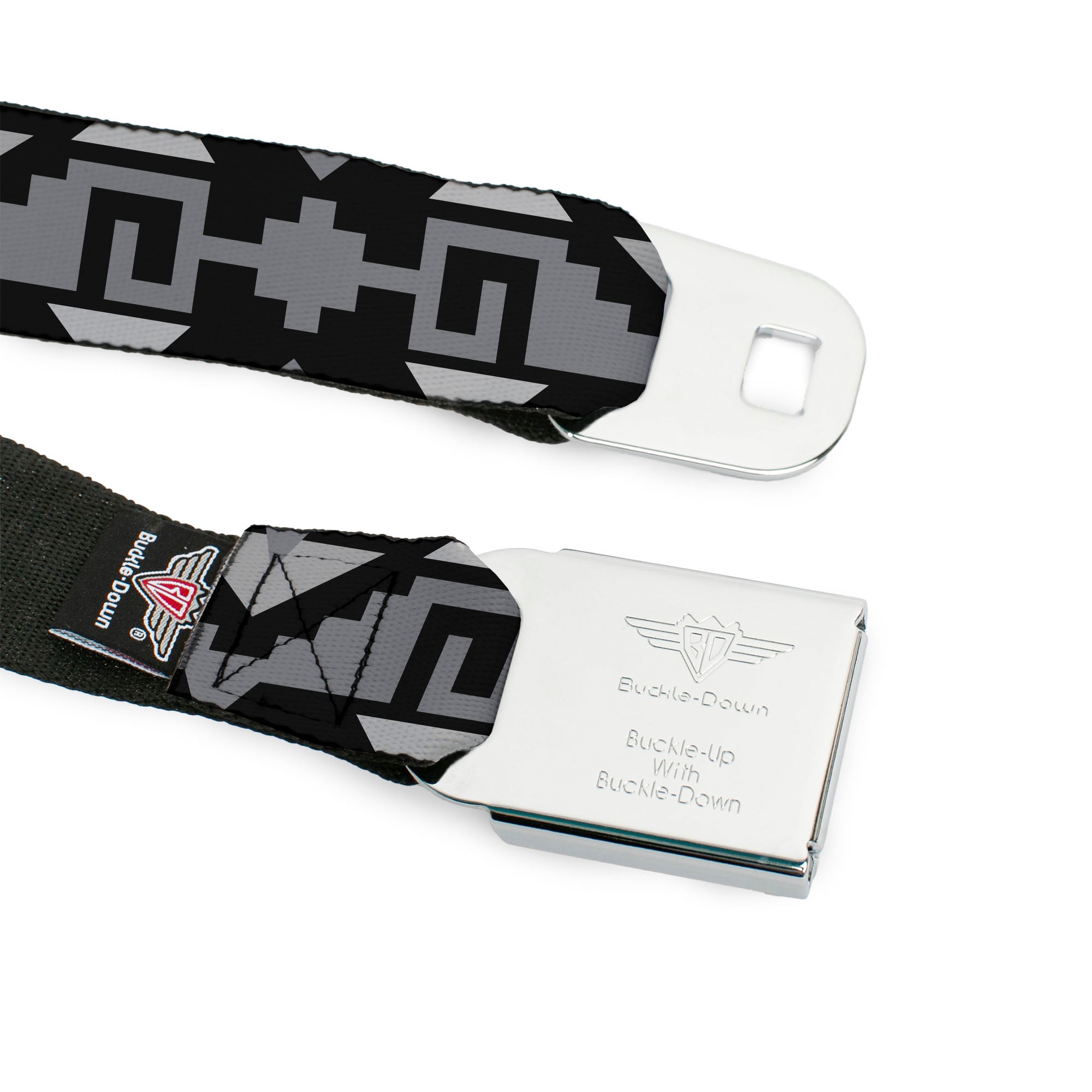 BD Wings Logo CLOSE-UP Full Color Black Silver Seatbelt Belt - Navajo2 Black/Gray Webbing Seatbelt Belts Buckle-Down