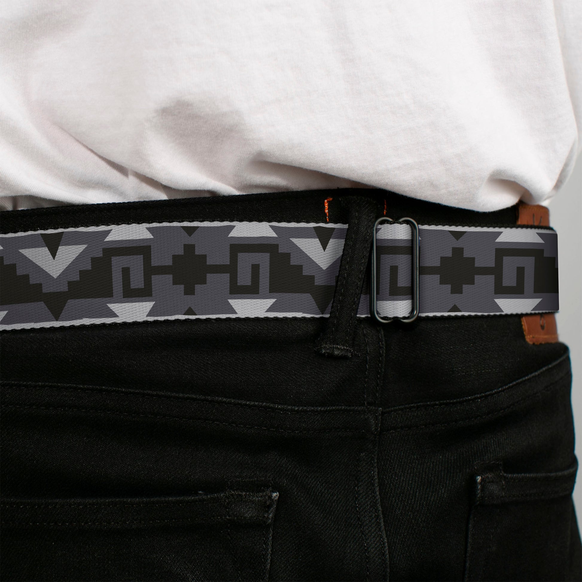 BD Wings Logo CLOSE-UP Full Color Black Silver Seatbelt Belt - Navajo2 Grays Webbing Seatbelt Belts Buckle-Down