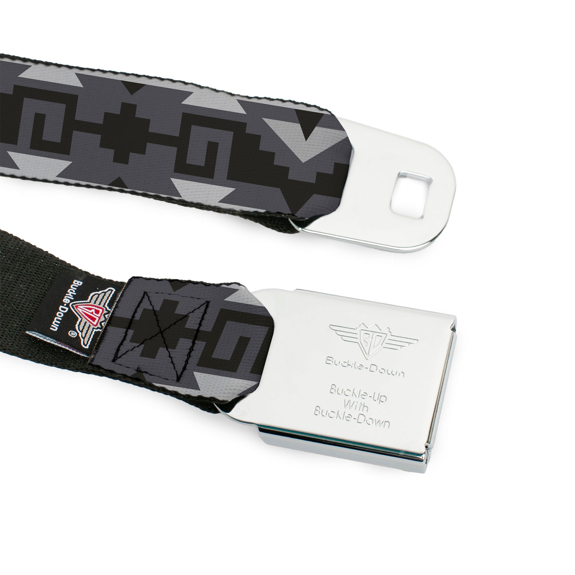 BD Wings Logo CLOSE-UP Full Color Black Silver Seatbelt Belt - Navajo2 Grays Webbing Seatbelt Belts Buckle-Down