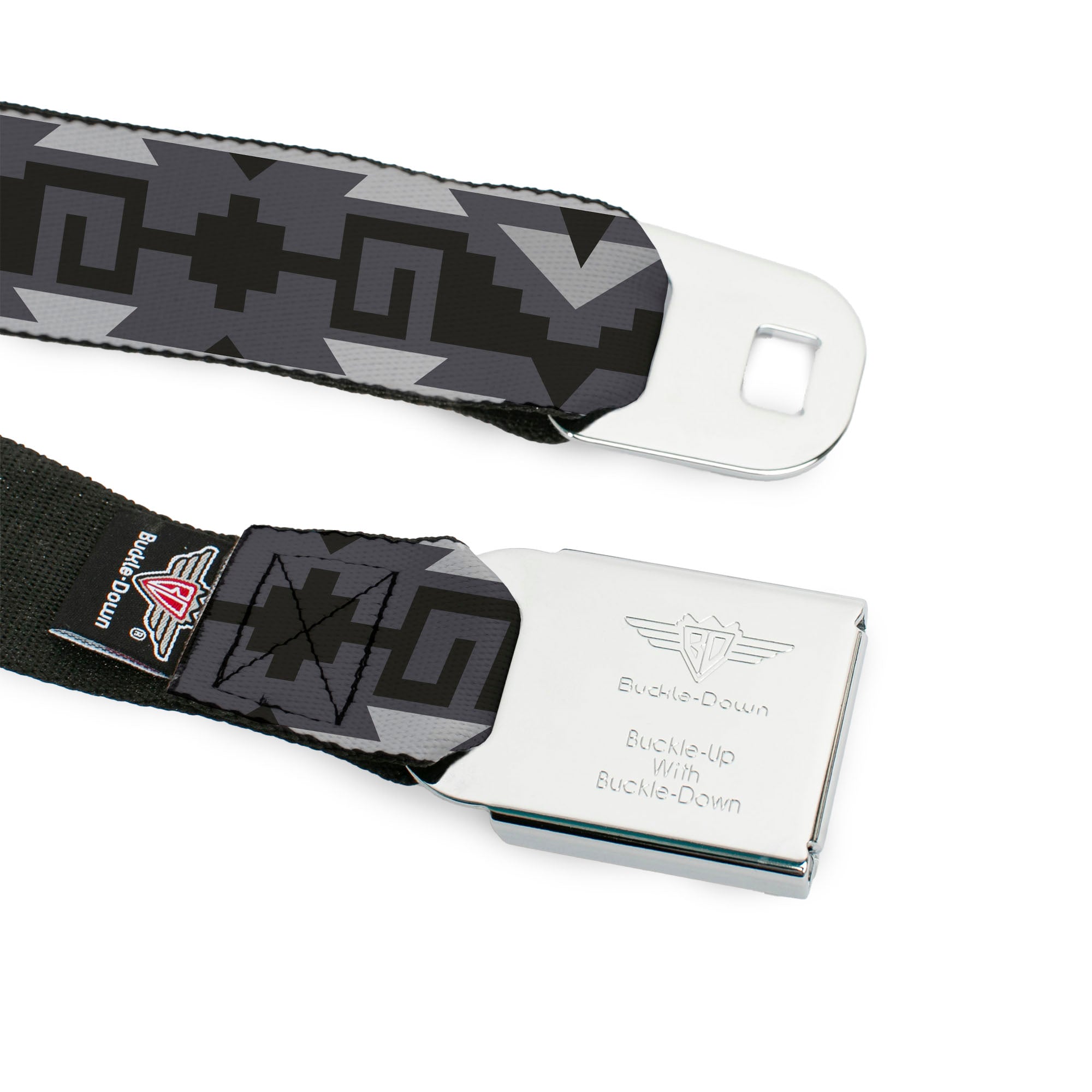 BD Wings Logo CLOSE-UP Full Color Black Silver Seatbelt Belt - Navajo2 Grays Webbing Seatbelt Belts Buckle-Down