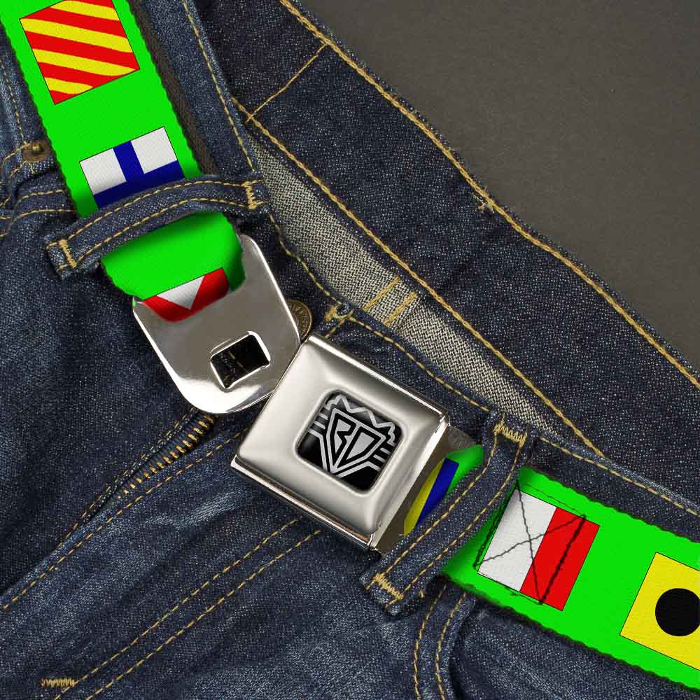 BD Wings Logo CLOSE-UP Full Color Black Silver Seatbelt Belt - Nautical Flags Green/Multi Color Webbing Seatbelt Belts Buckle-Down