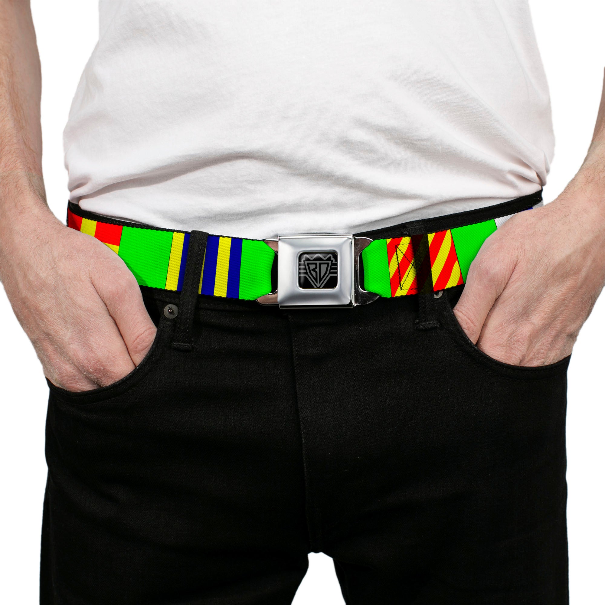 BD Wings Logo CLOSE-UP Full Color Black Silver Seatbelt Belt - Nautical Flags Green/Multi Color Webbing Seatbelt Belts Buckle-Down