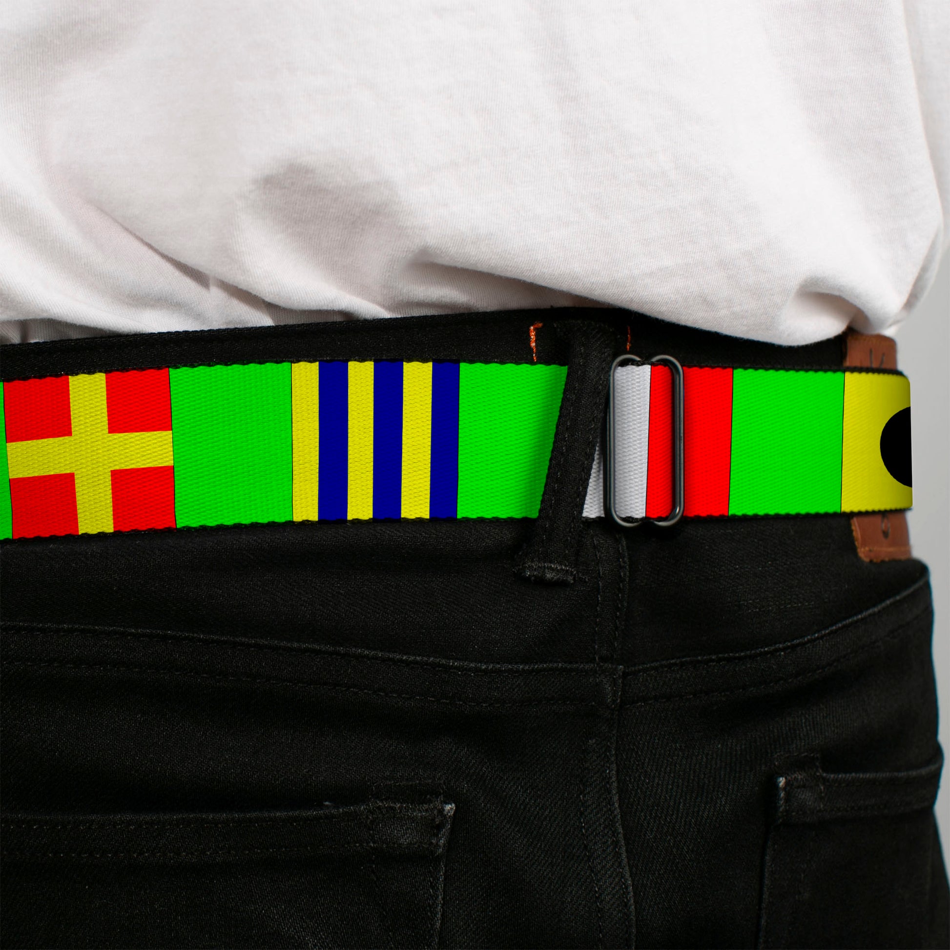 BD Wings Logo CLOSE-UP Full Color Black Silver Seatbelt Belt - Nautical Flags Green/Multi Color Webbing Seatbelt Belts Buckle-Down