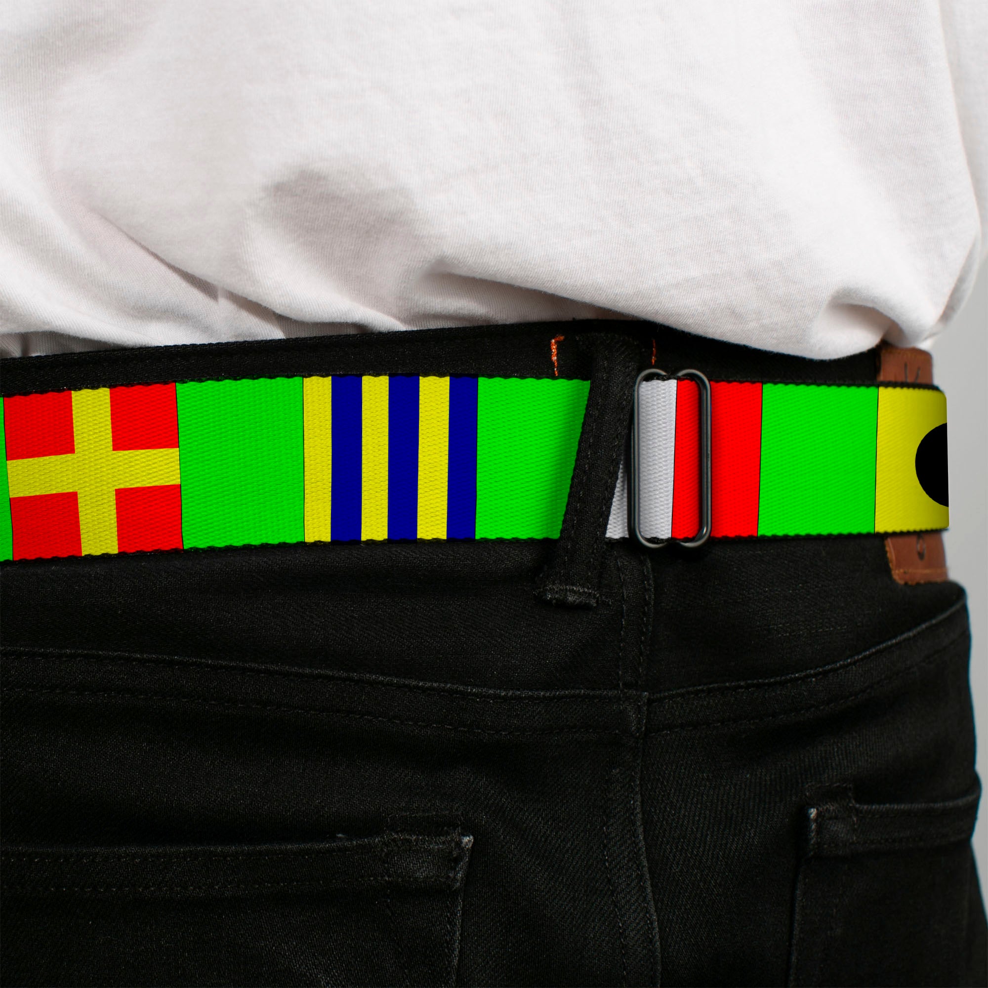 BD Wings Logo CLOSE-UP Full Color Black Silver Seatbelt Belt - Nautical Flags Green/Multi Color Webbing Seatbelt Belts Buckle-Down