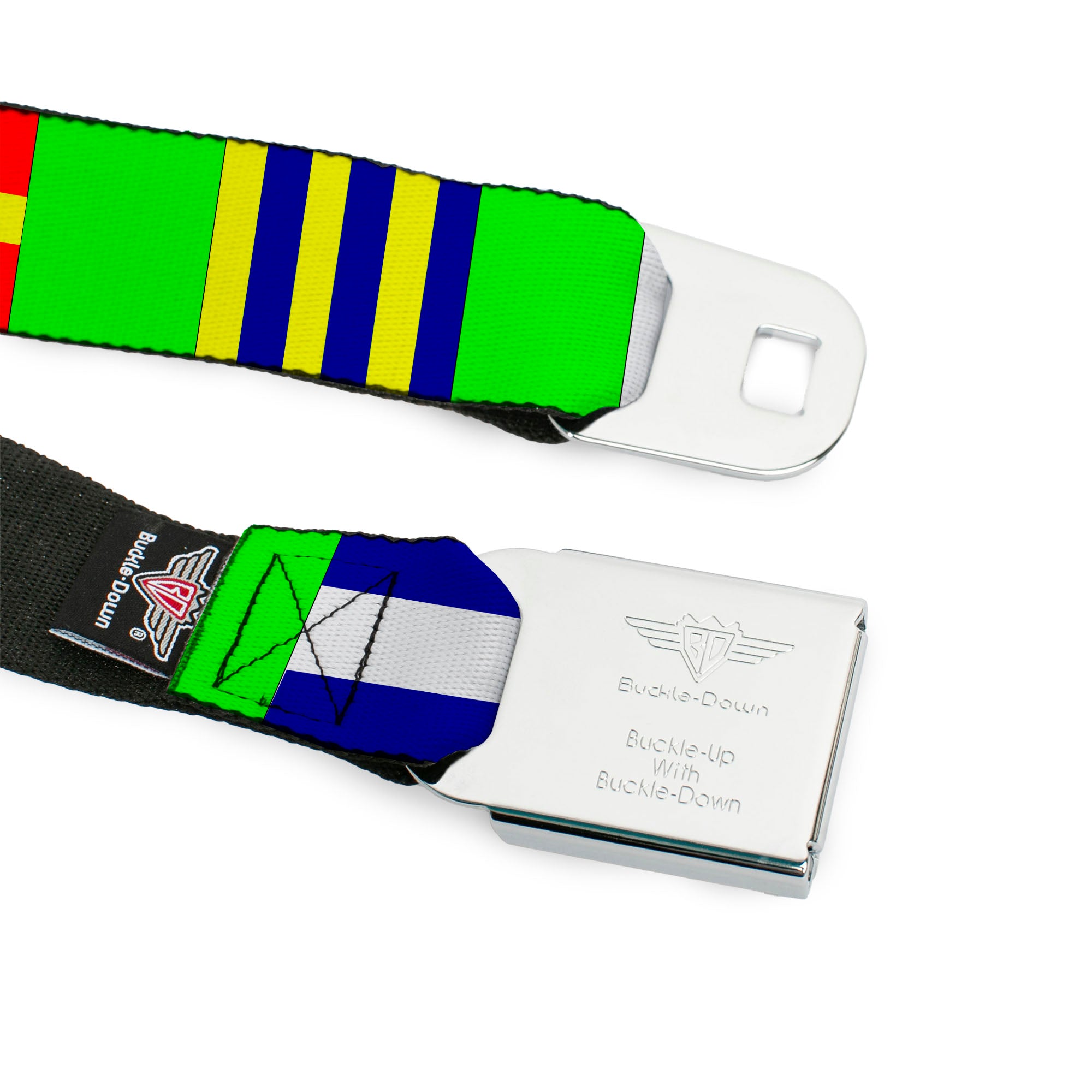 BD Wings Logo CLOSE-UP Full Color Black Silver Seatbelt Belt - Nautical Flags Green/Multi Color Webbing Seatbelt Belts Buckle-Down