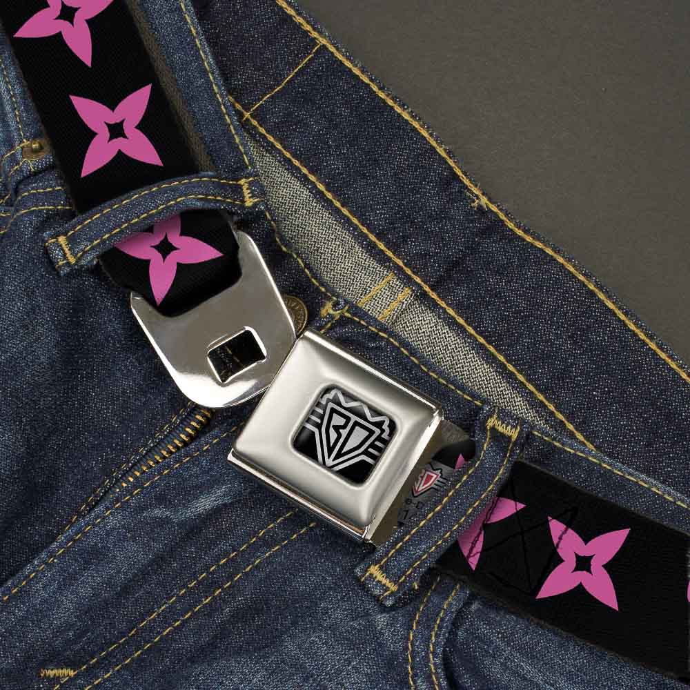 BD Wings Logo CLOSE-UP Full Color Black Silver Seatbelt Belt - Ninja Star Black/Pink Webbing Seatbelt Belts Buckle-Down