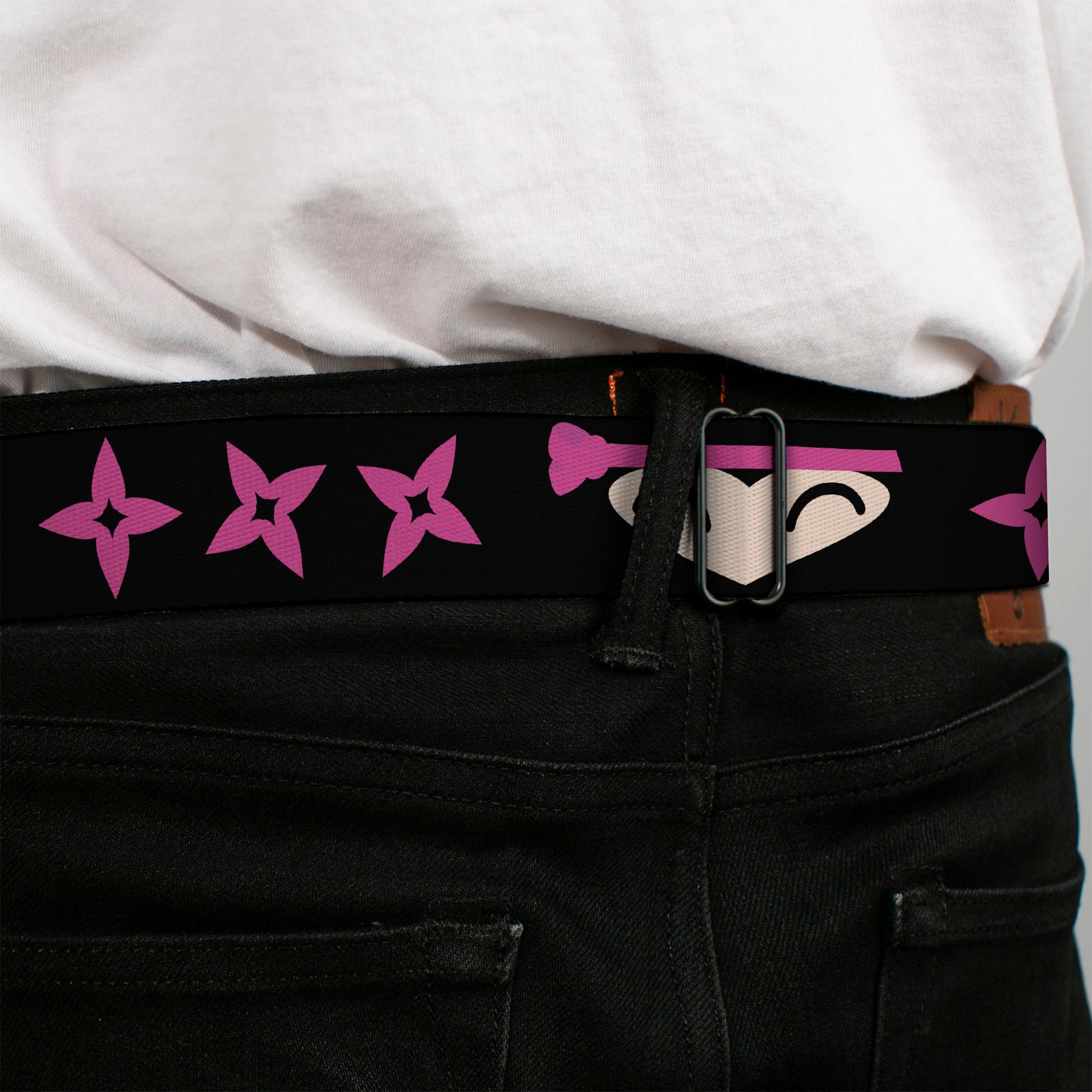 BD Wings Logo CLOSE-UP Full Color Black Silver Seatbelt Belt - Ninja Star Black/Pink Webbing Seatbelt Belts Buckle-Down