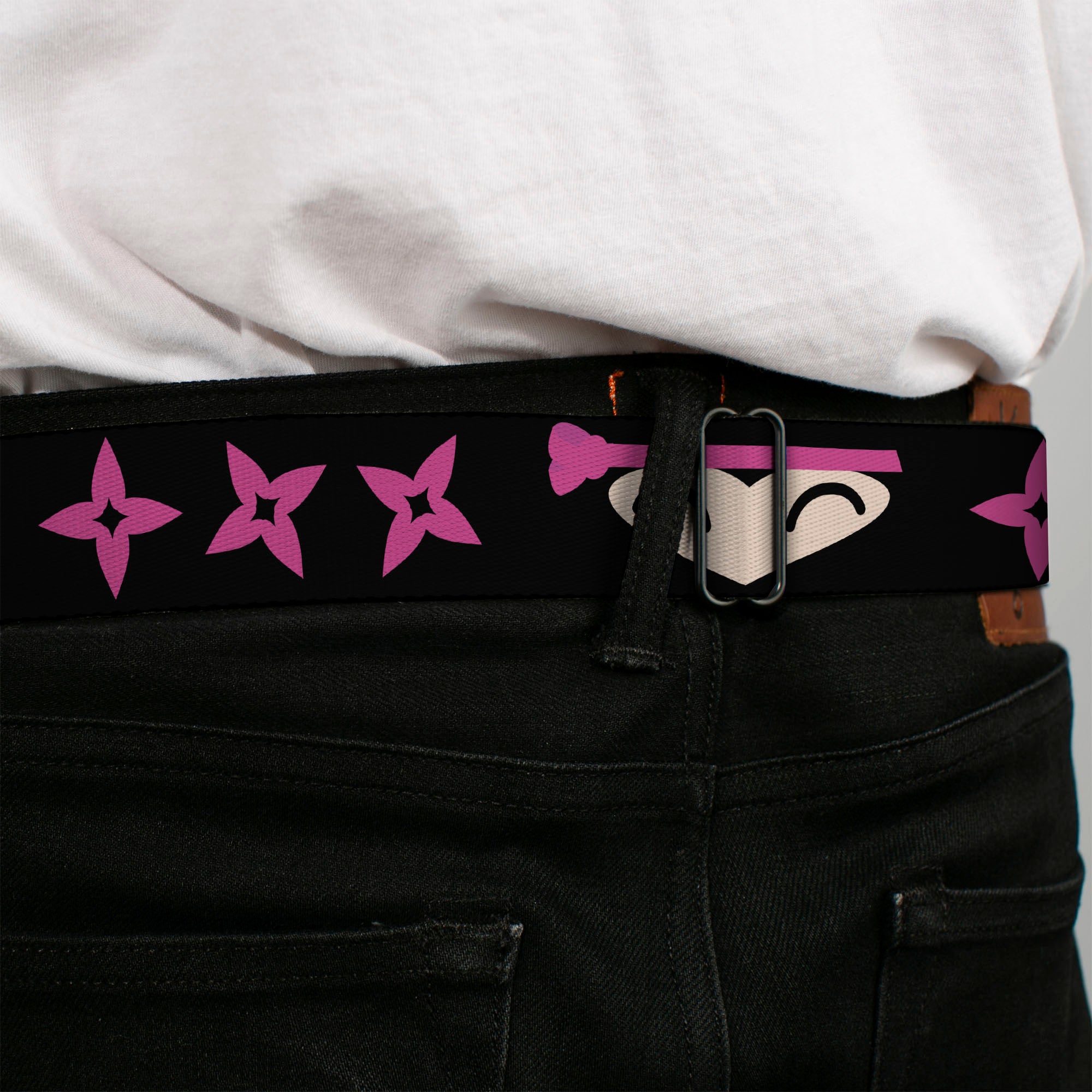 BD Wings Logo CLOSE-UP Full Color Black Silver Seatbelt Belt - Ninja Star Black/Pink Webbing Seatbelt Belts Buckle-Down