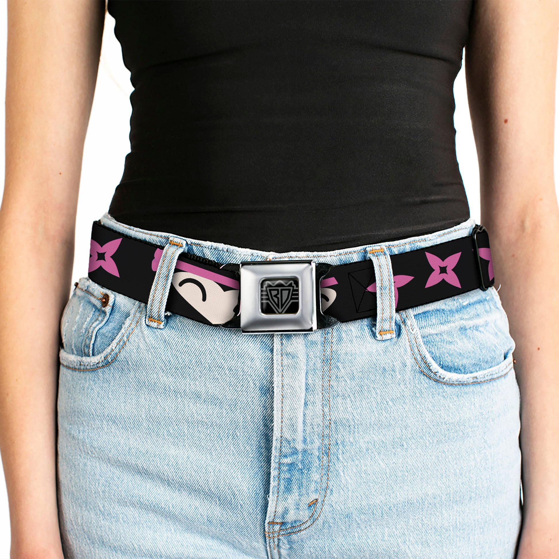 BD Wings Logo CLOSE-UP Full Color Black Silver Seatbelt Belt - Ninja Star Black/Pink Webbing Seatbelt Belts Buckle-Down