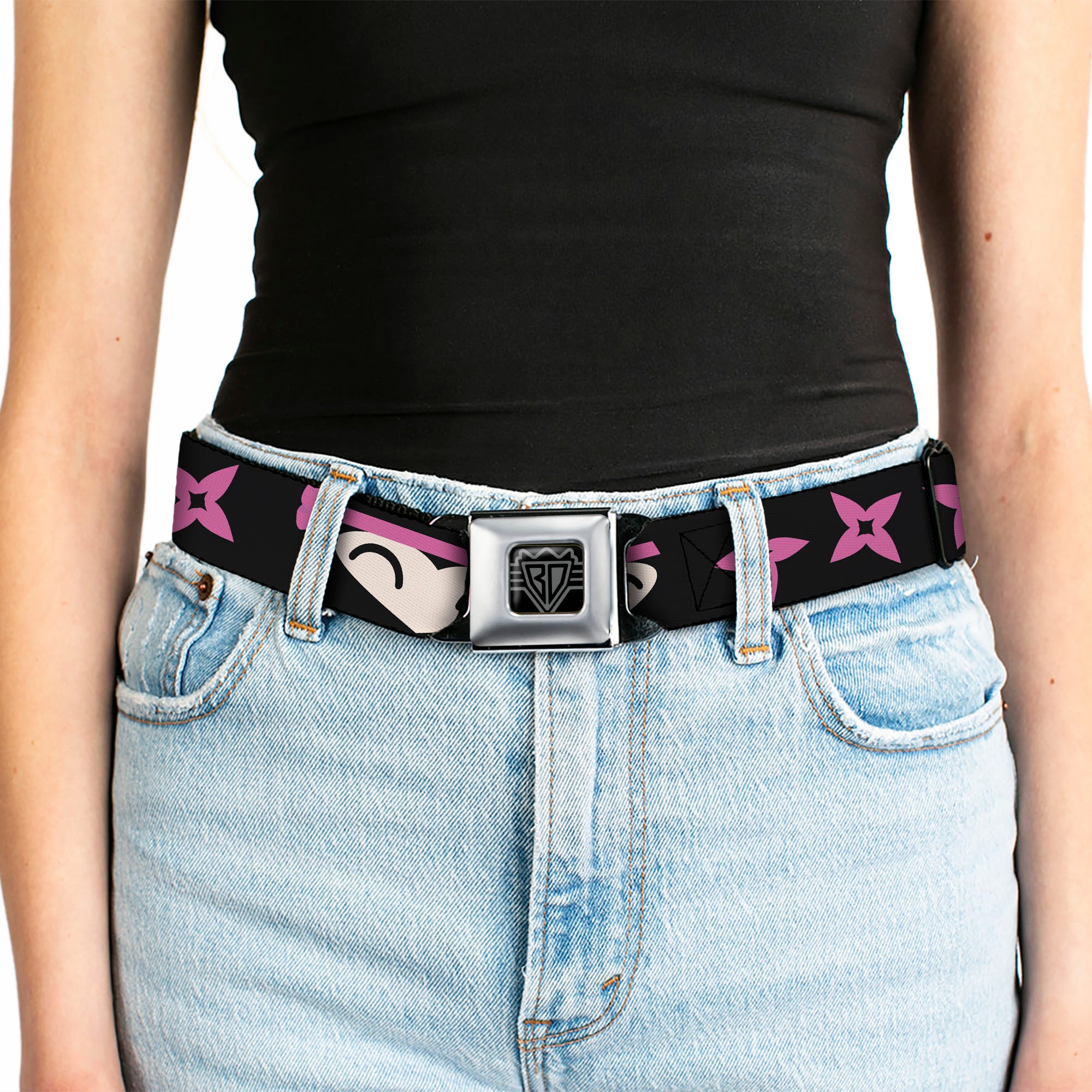 BD Wings Logo CLOSE-UP Full Color Black Silver Seatbelt Belt - Ninja Star Black/Pink Webbing Seatbelt Belts Buckle-Down