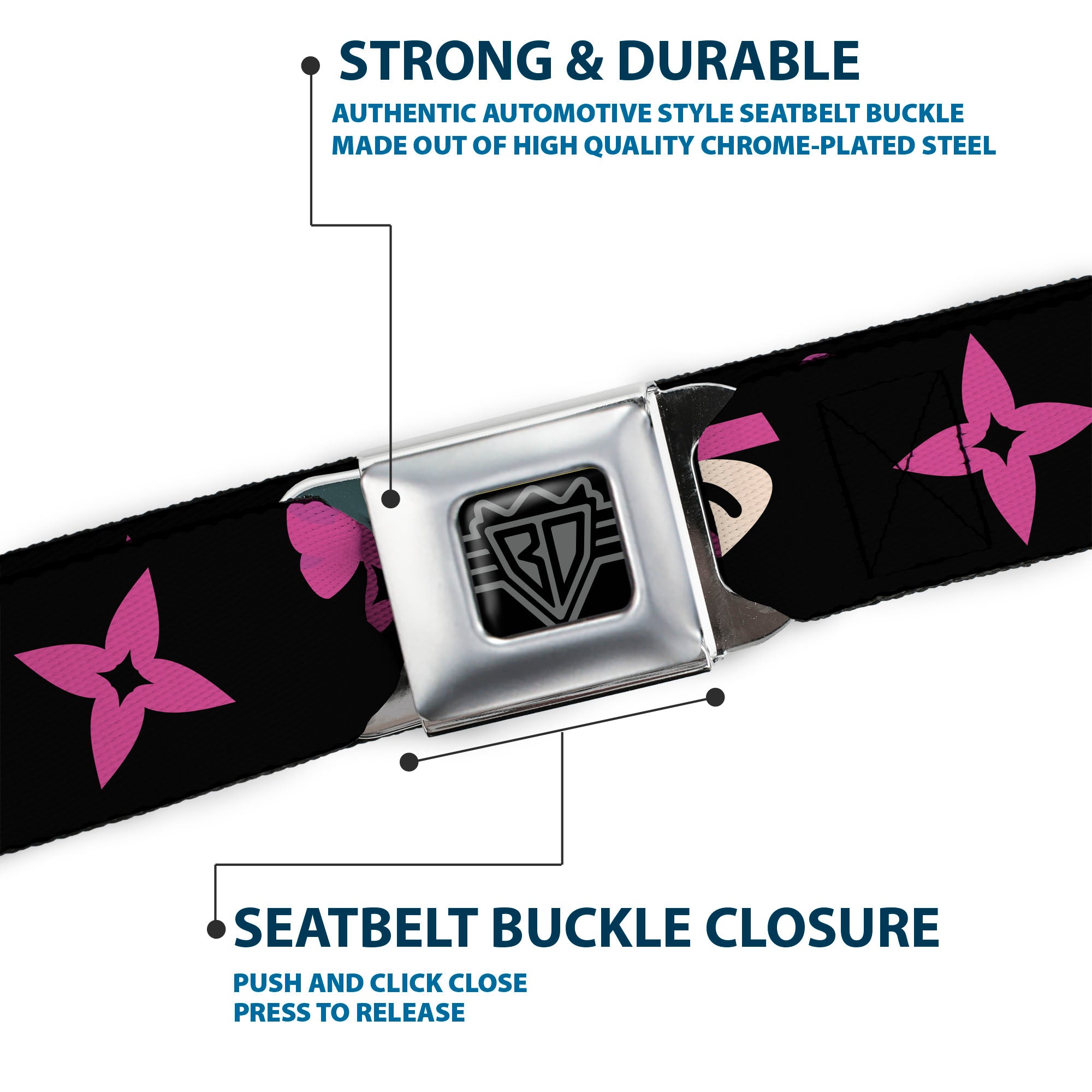 BD Wings Logo CLOSE-UP Full Color Black Silver Seatbelt Belt - Ninja Star Black/Pink Webbing Seatbelt Belts Buckle-Down