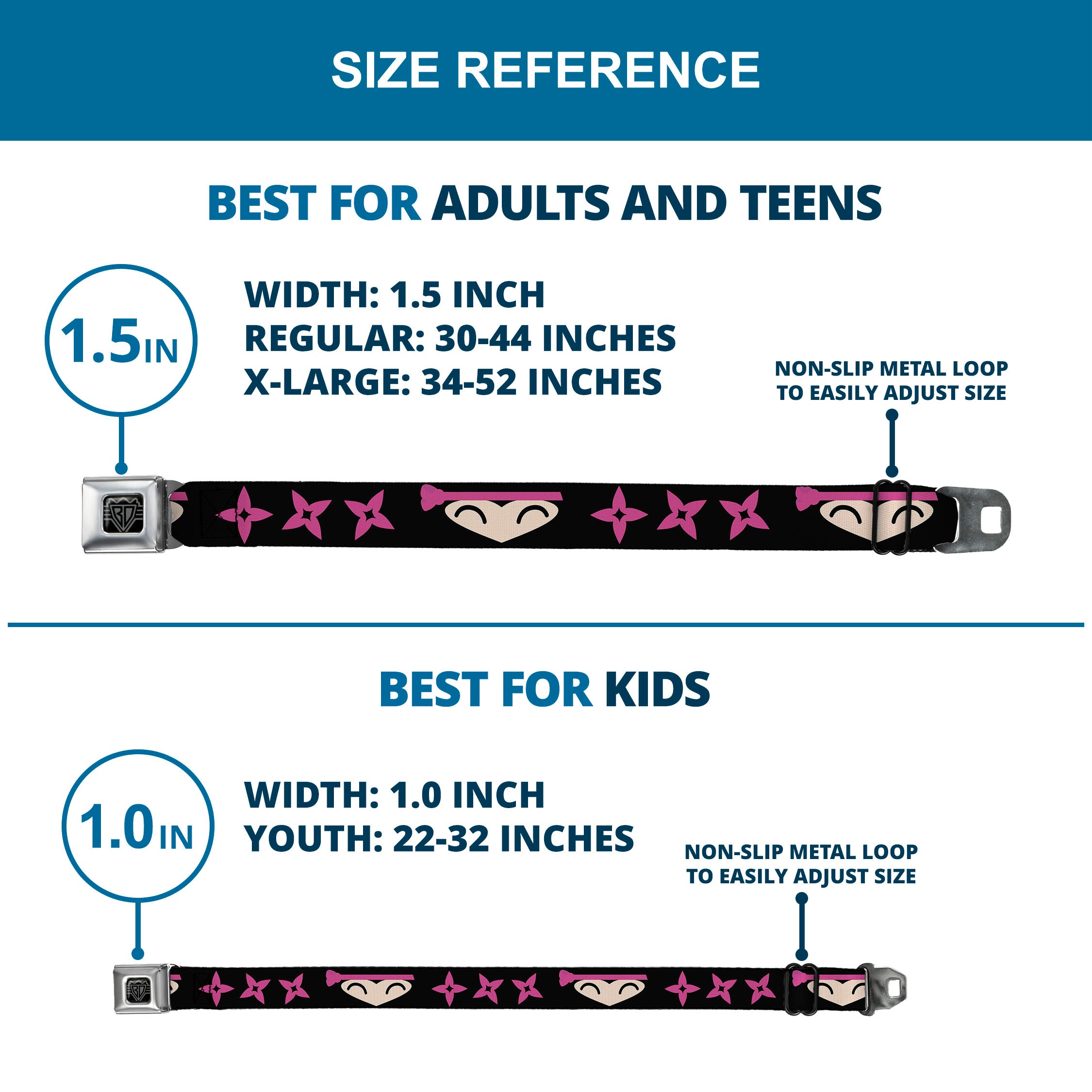 BD Wings Logo CLOSE-UP Full Color Black Silver Seatbelt Belt - Ninja Star Black/Pink Webbing Seatbelt Belts Buckle-Down