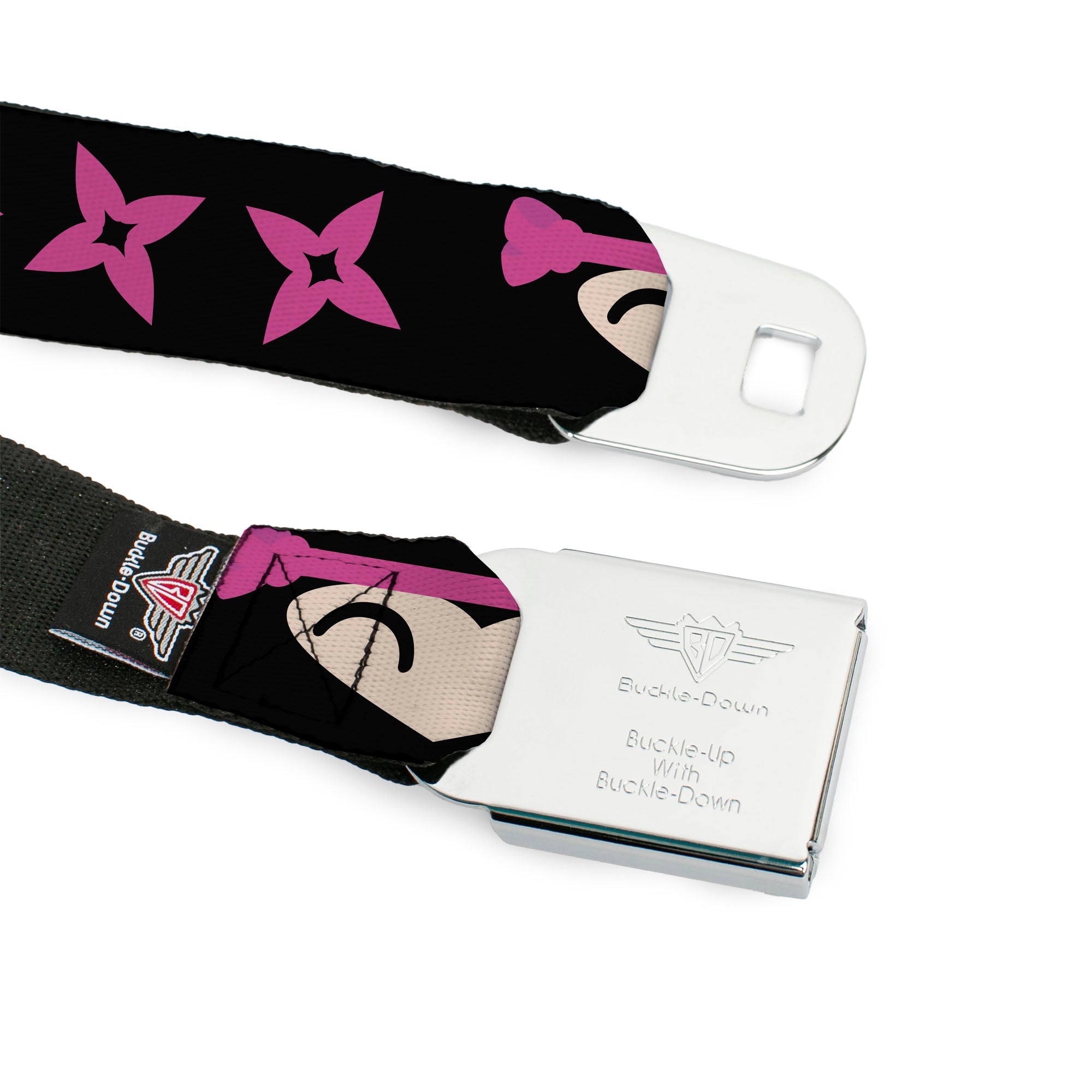 BD Wings Logo CLOSE-UP Full Color Black Silver Seatbelt Belt - Ninja Star Black/Pink Webbing Seatbelt Belts Buckle-Down