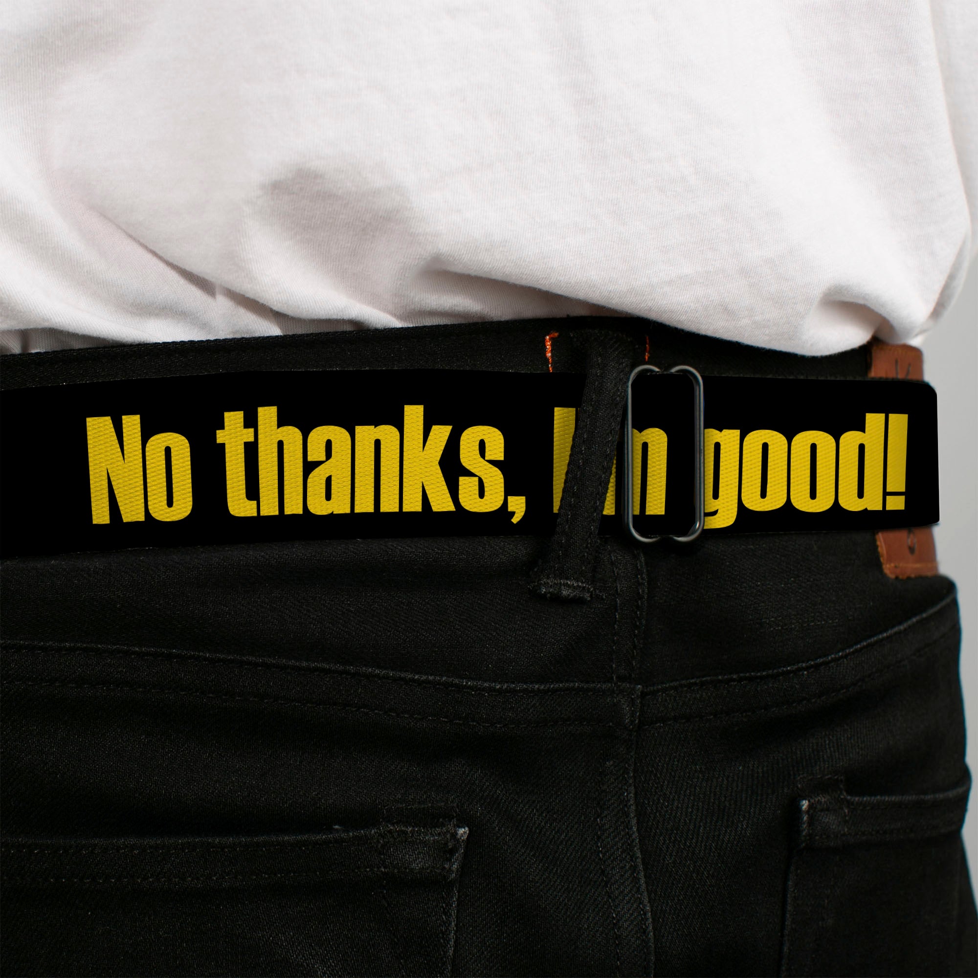 BD Wings Logo CLOSE-UP Full Color Black Silver Seatbelt Belt - NO THANKS, I'M GOOD! Black/Gold Webbing Seatbelt Belts Buckle-Down