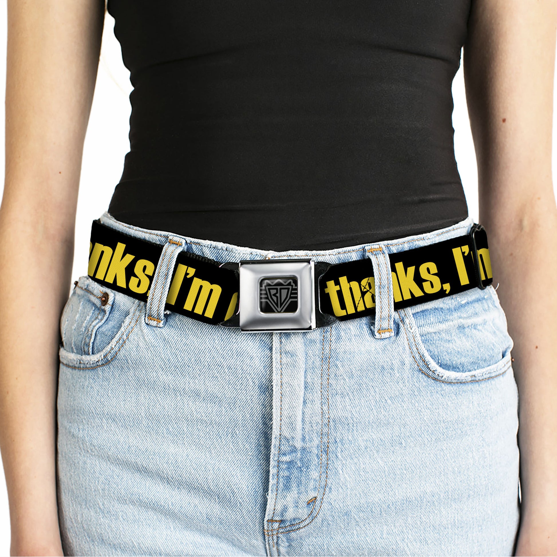 BD Wings Logo CLOSE-UP Full Color Black Silver Seatbelt Belt - NO THANKS, I'M GOOD! Black/Gold Webbing Seatbelt Belts Buckle-Down