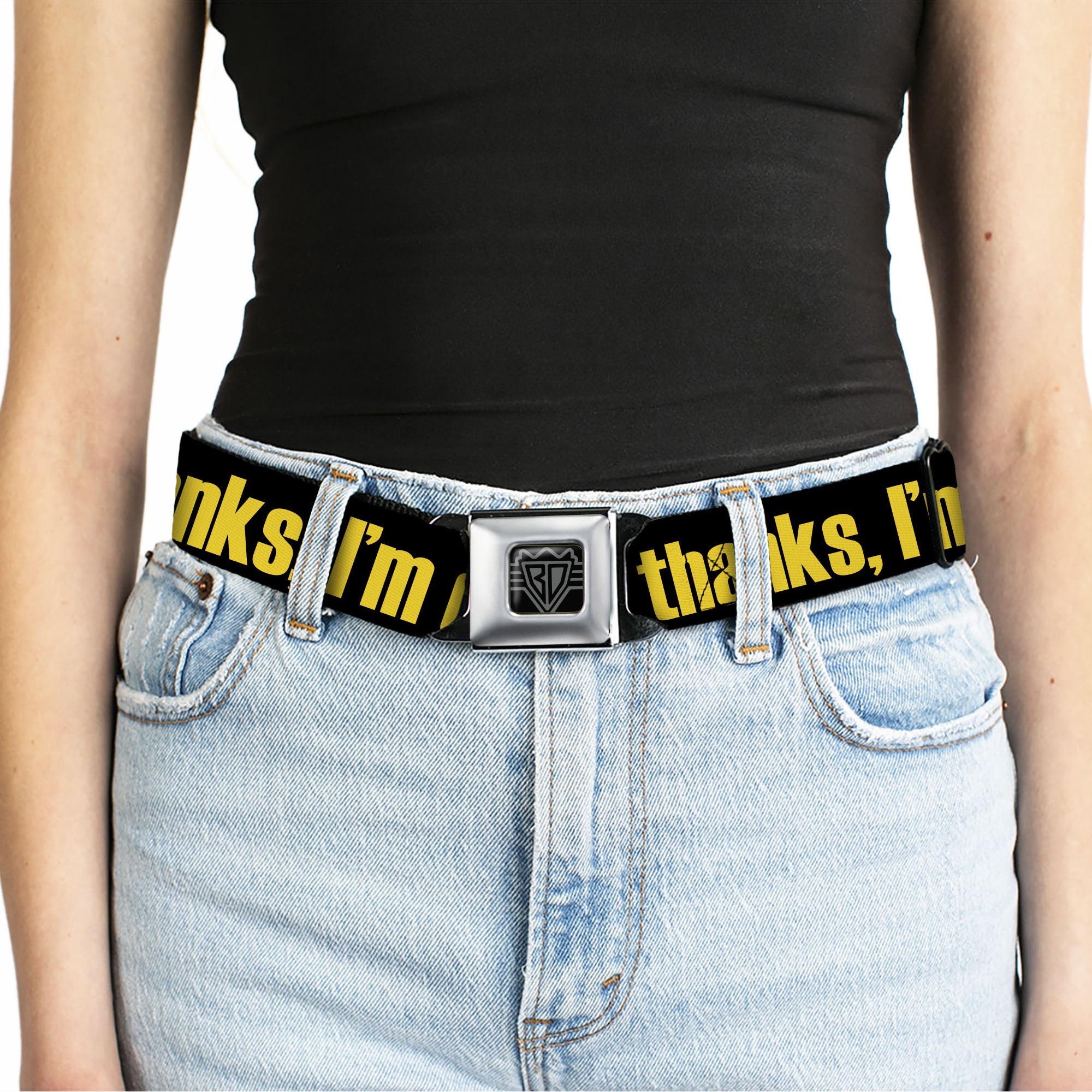 BD Wings Logo CLOSE-UP Full Color Black Silver Seatbelt Belt - NO THANKS, I'M GOOD! Black/Gold Webbing Seatbelt Belts Buckle-Down