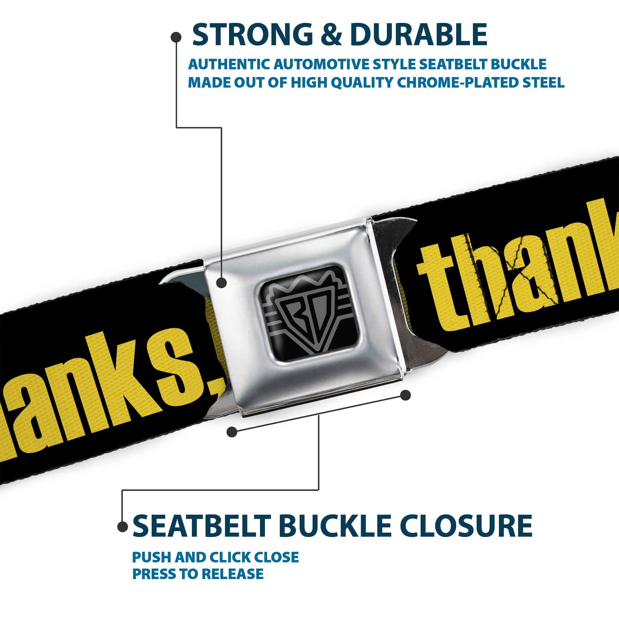BD Wings Logo CLOSE-UP Full Color Black Silver Seatbelt Belt - NO THANKS, I'M GOOD! Black/Gold Webbing Seatbelt Belts Buckle-Down
