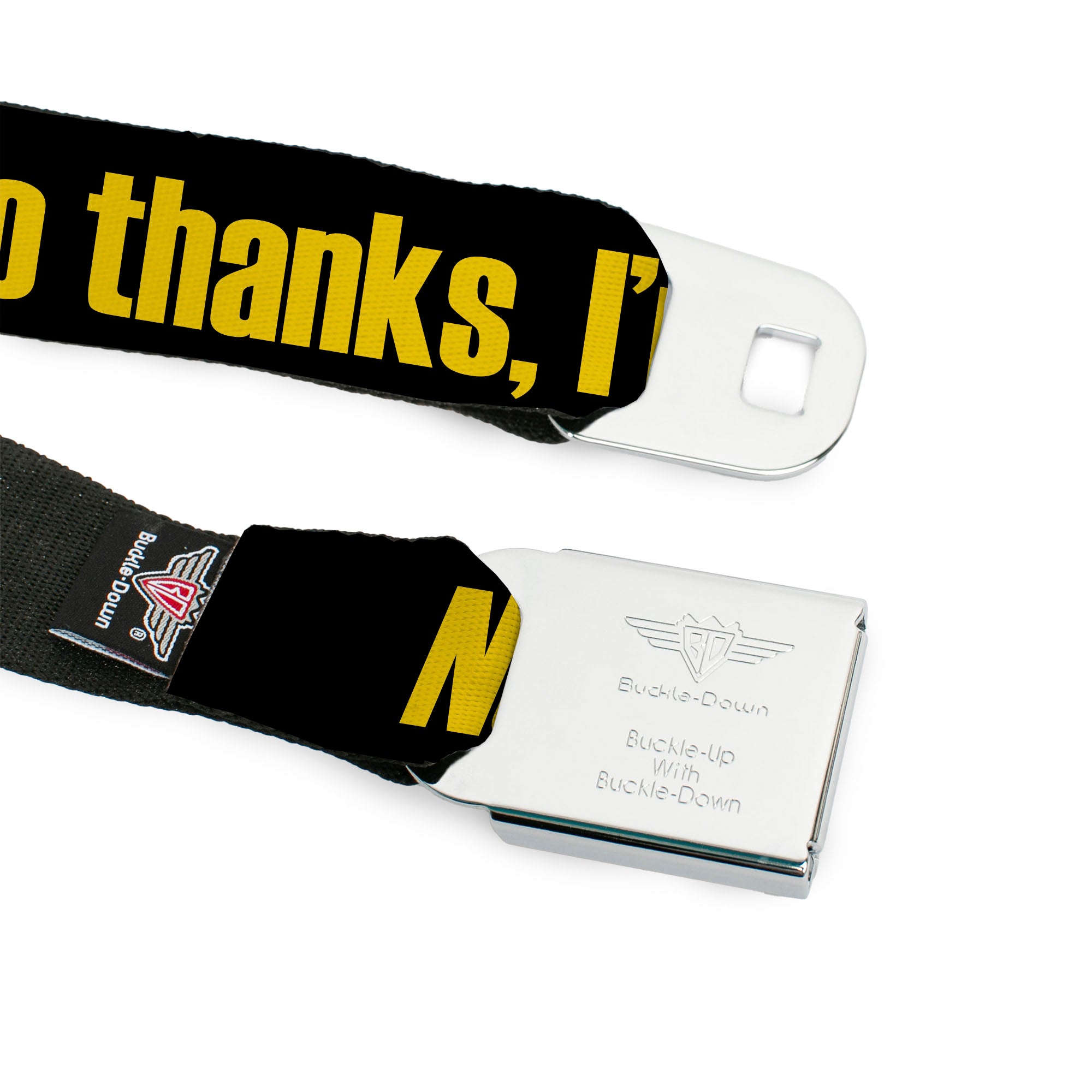 BD Wings Logo CLOSE-UP Full Color Black Silver Seatbelt Belt - NO THANKS, I'M GOOD! Black/Gold Webbing Seatbelt Belts Buckle-Down