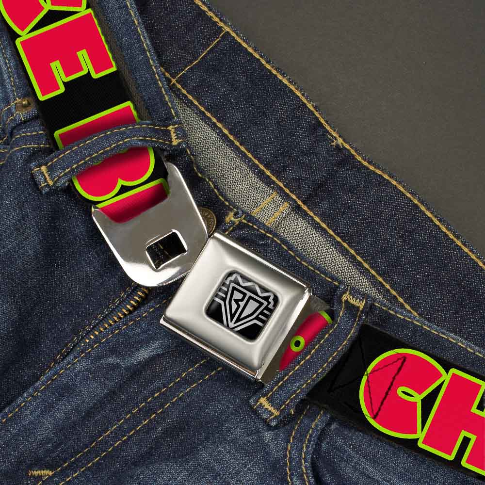 BD Wings Logo CLOSE-UP Full Color Black Silver Seatbelt Belt - NO CHANCE BRO Black/Yellow/Red Webbing Seatbelt Belts Buckle-Down