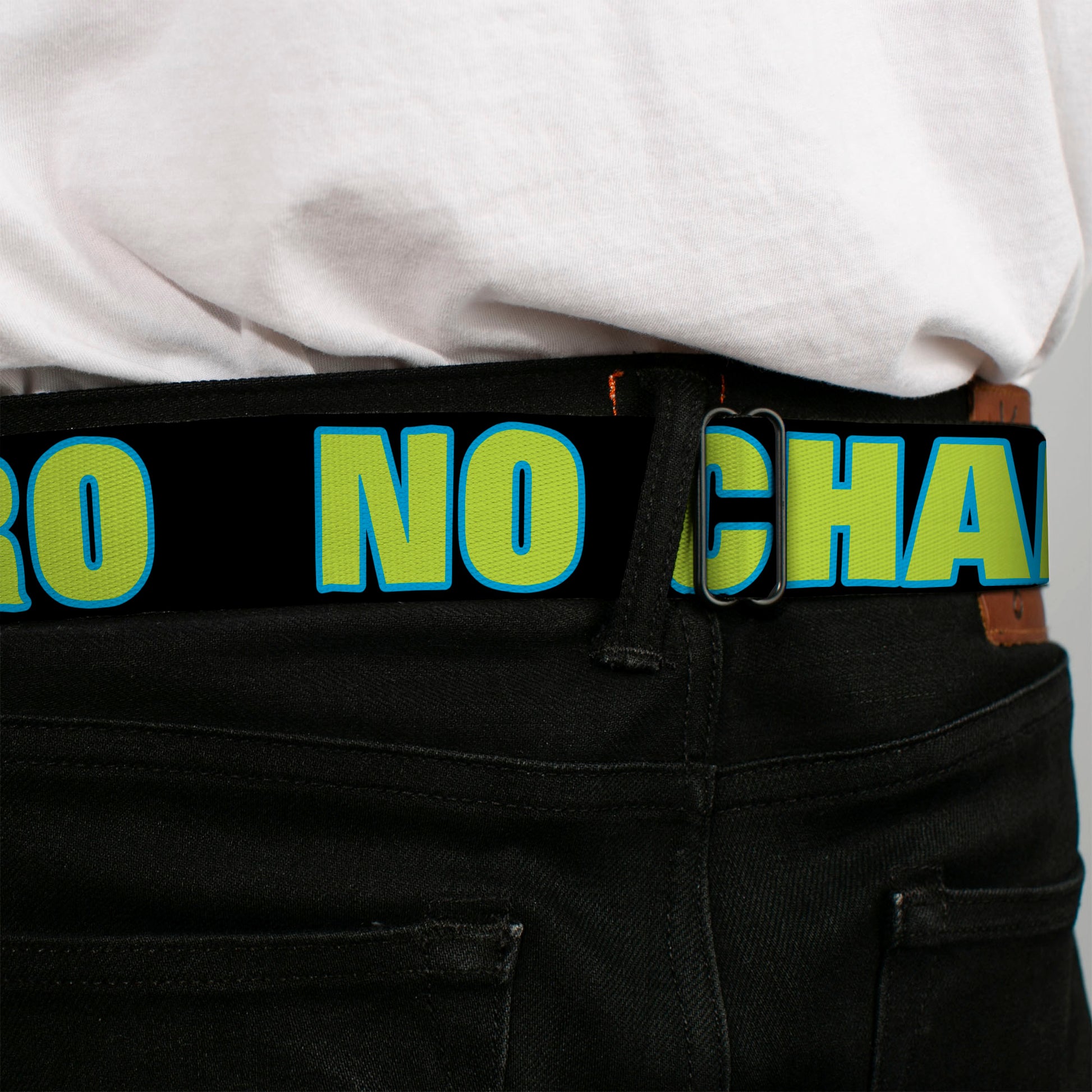 BD Wings Logo CLOSE-UP Full Color Black Silver Seatbelt Belt - NO CHANCE BRO Black/Turquoise/Green Webbing Seatbelt Belts Buckle-Down