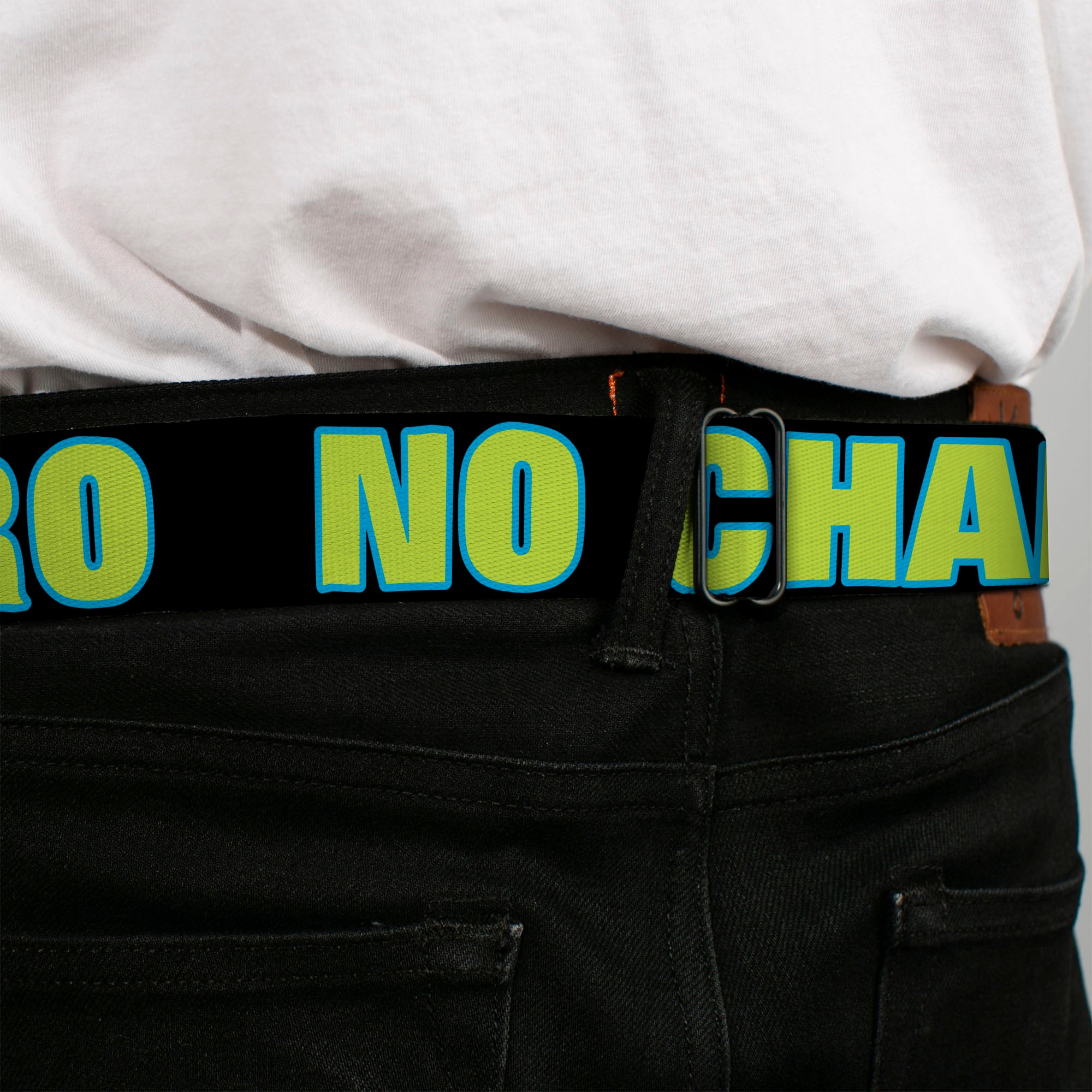 BD Wings Logo CLOSE-UP Full Color Black Silver Seatbelt Belt - NO CHANCE BRO Black/Turquoise/Green Webbing Seatbelt Belts Buckle-Down