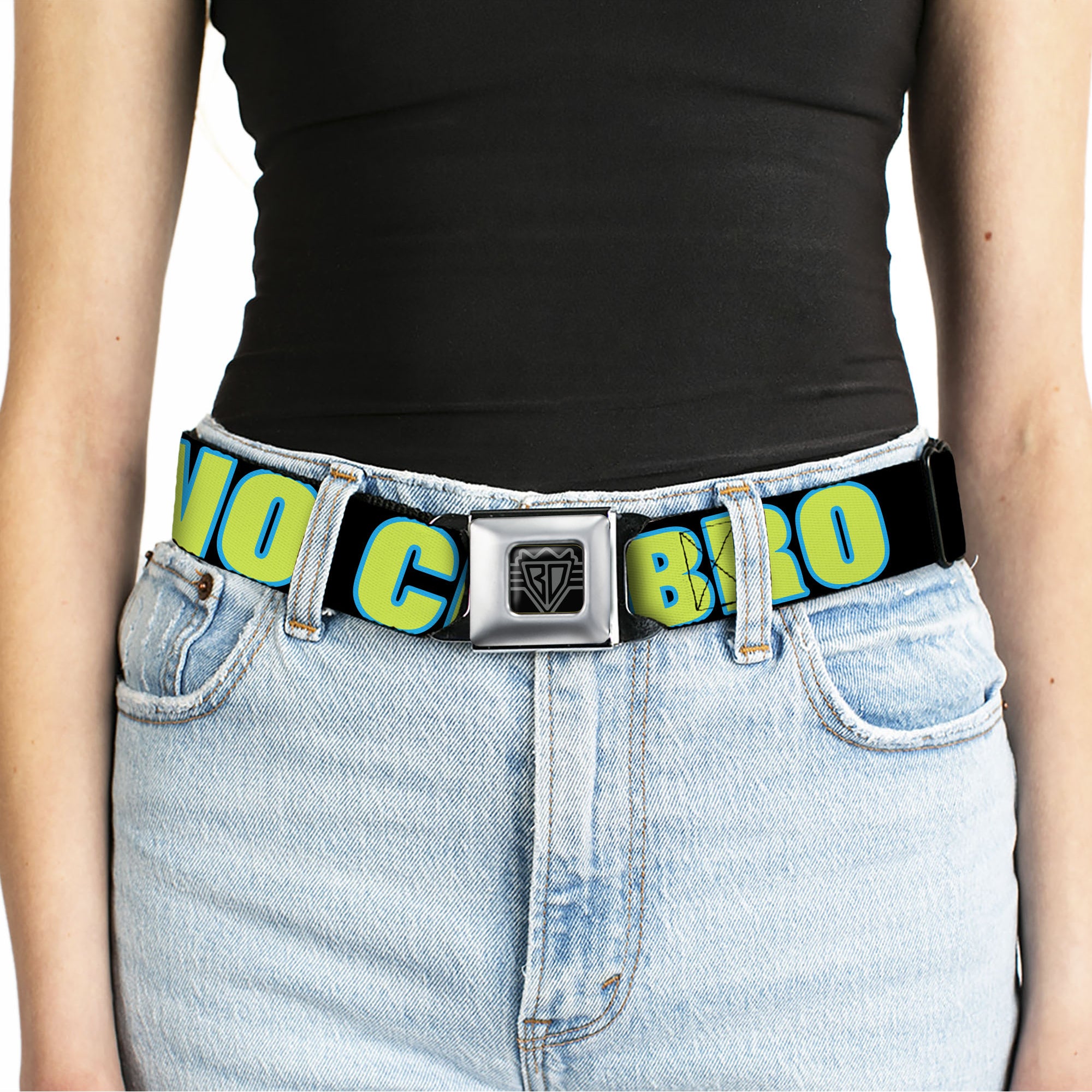 BD Wings Logo CLOSE-UP Full Color Black Silver Seatbelt Belt - NO CHANCE BRO Black/Turquoise/Green Webbing Seatbelt Belts Buckle-Down
