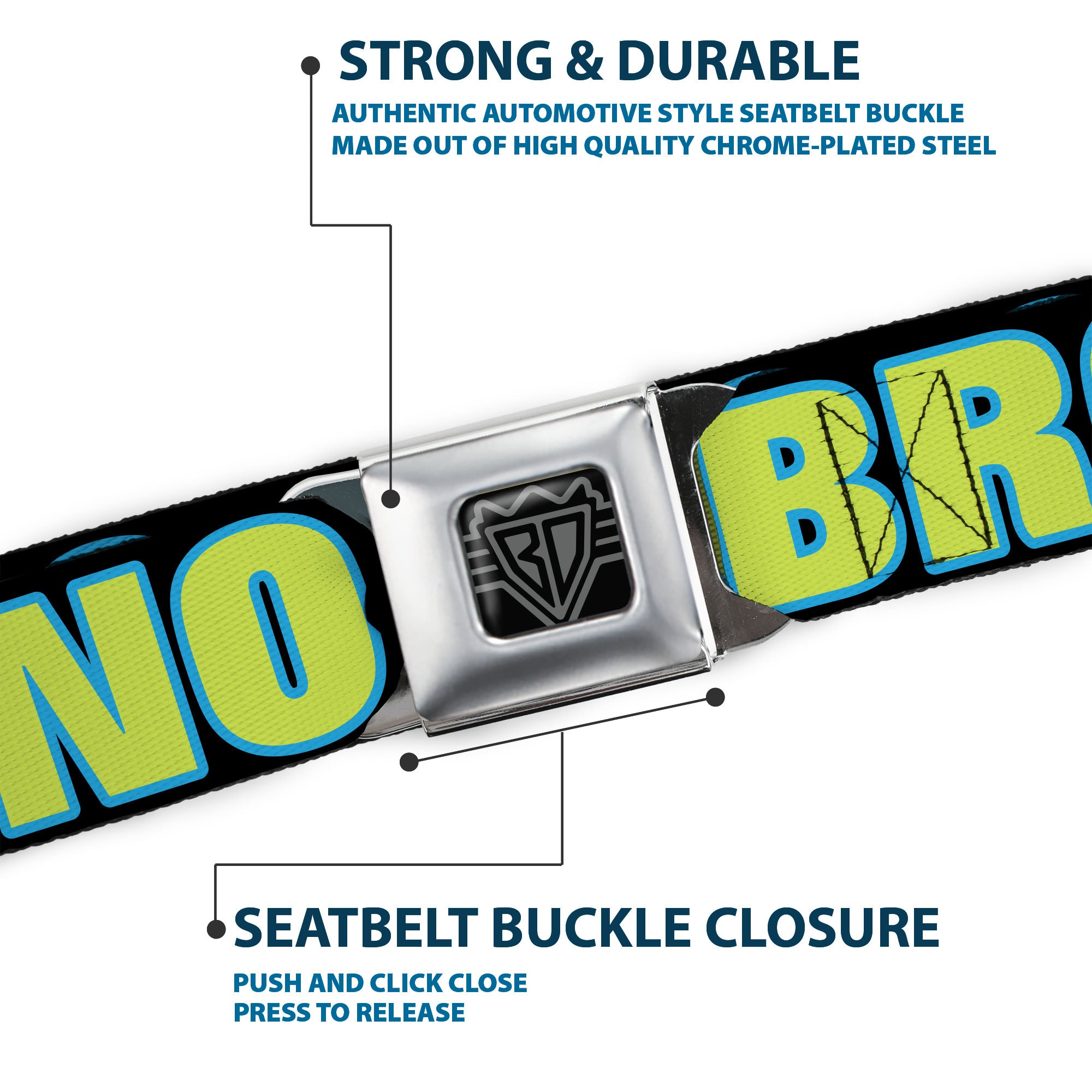 BD Wings Logo CLOSE-UP Full Color Black Silver Seatbelt Belt - NO CHANCE BRO Black/Turquoise/Green Webbing Seatbelt Belts Buckle-Down
