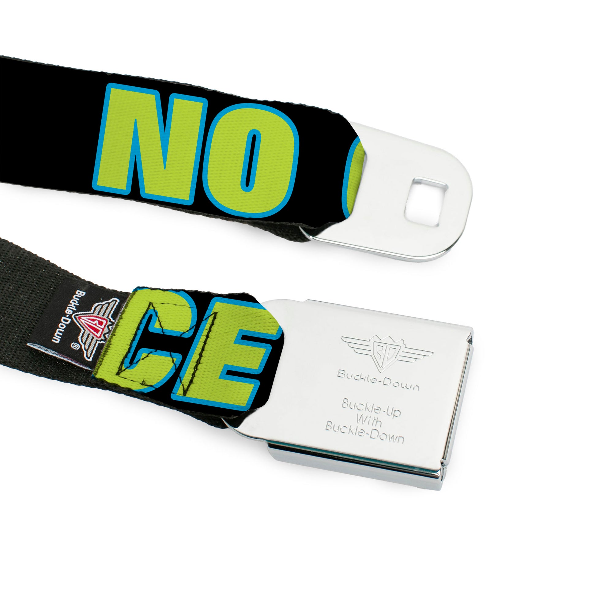 BD Wings Logo CLOSE-UP Full Color Black Silver Seatbelt Belt - NO CHANCE BRO Black/Turquoise/Green Webbing Seatbelt Belts Buckle-Down