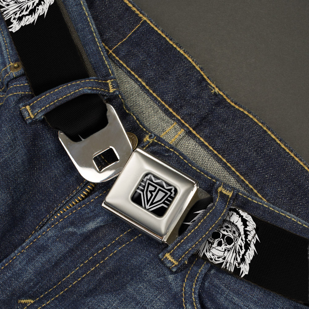 BD Wings Logo CLOSE-UP Full Color Black Silver Seatbelt Belt - Native American Skull Black/White Webbing Seatbelt Belts Buckle-Down