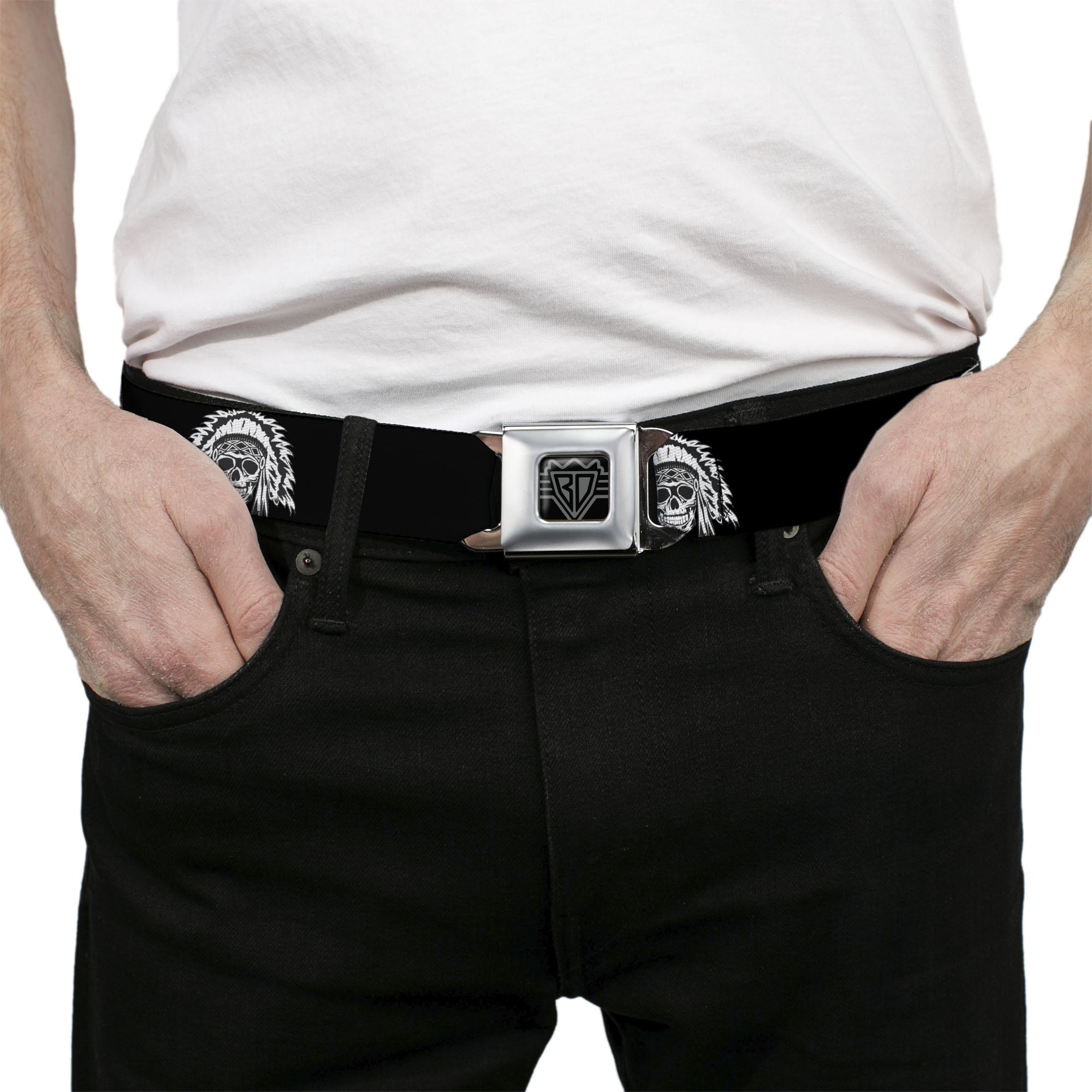 BD Wings Logo CLOSE-UP Full Color Black Silver Seatbelt Belt - Native American Skull Black/White Webbing Seatbelt Belts Buckle-Down