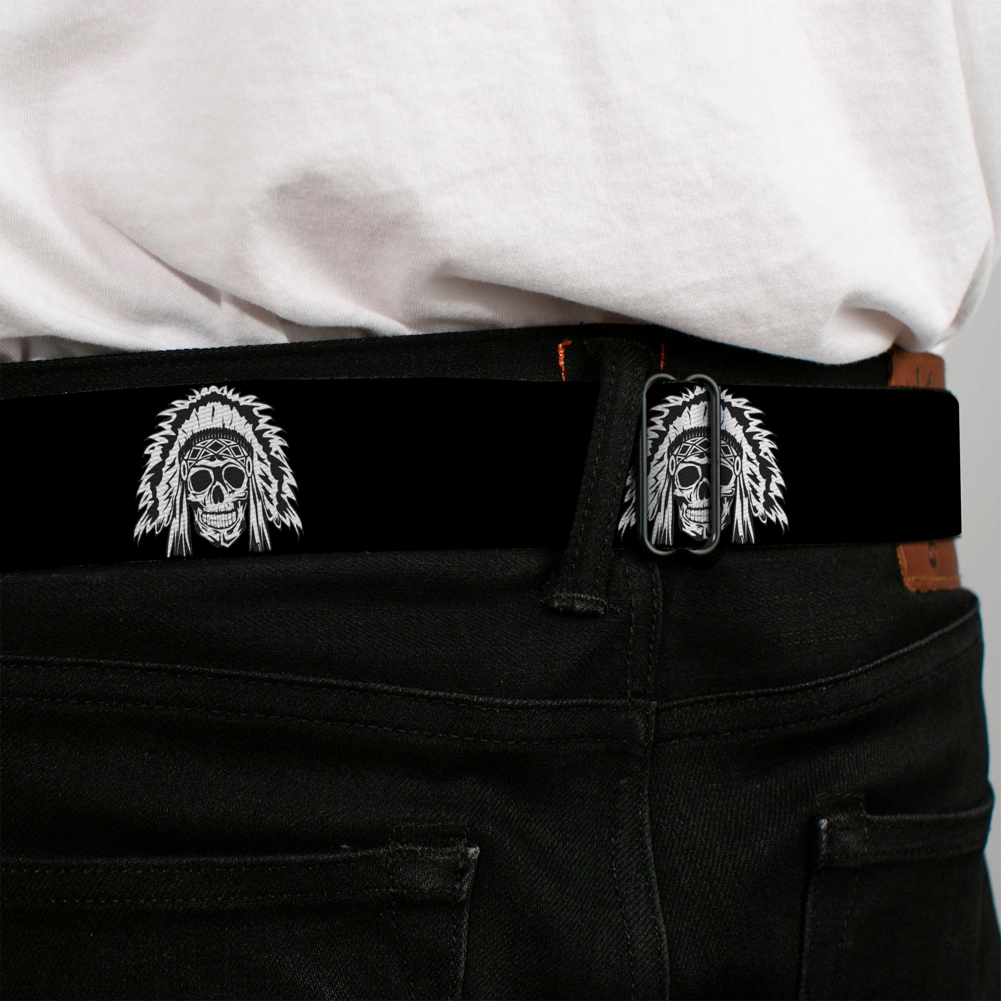 BD Wings Logo CLOSE-UP Full Color Black Silver Seatbelt Belt - Native American Skull Black/White Webbing Seatbelt Belts Buckle-Down