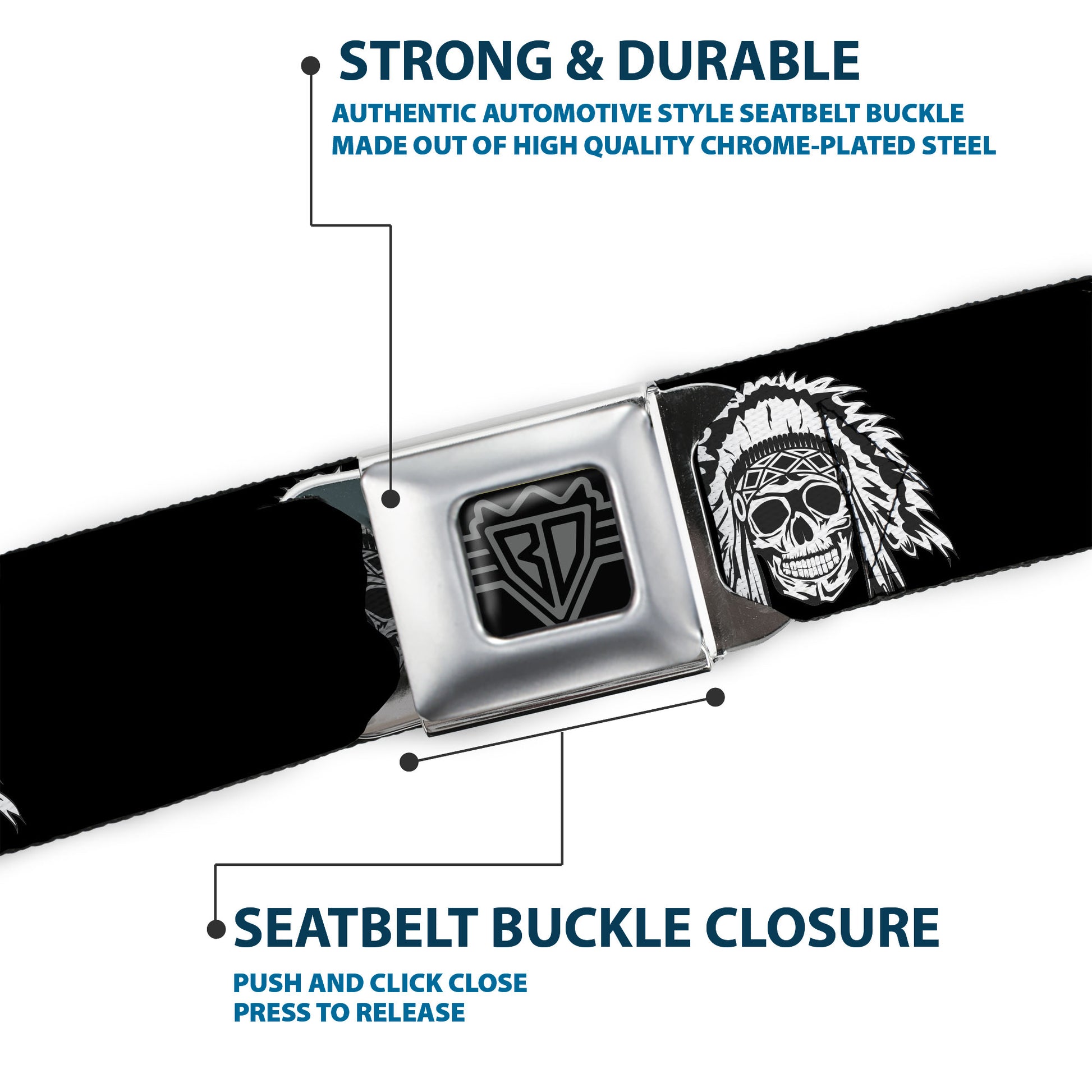 BD Wings Logo CLOSE-UP Full Color Black Silver Seatbelt Belt - Native American Skull Black/White Webbing Seatbelt Belts Buckle-Down