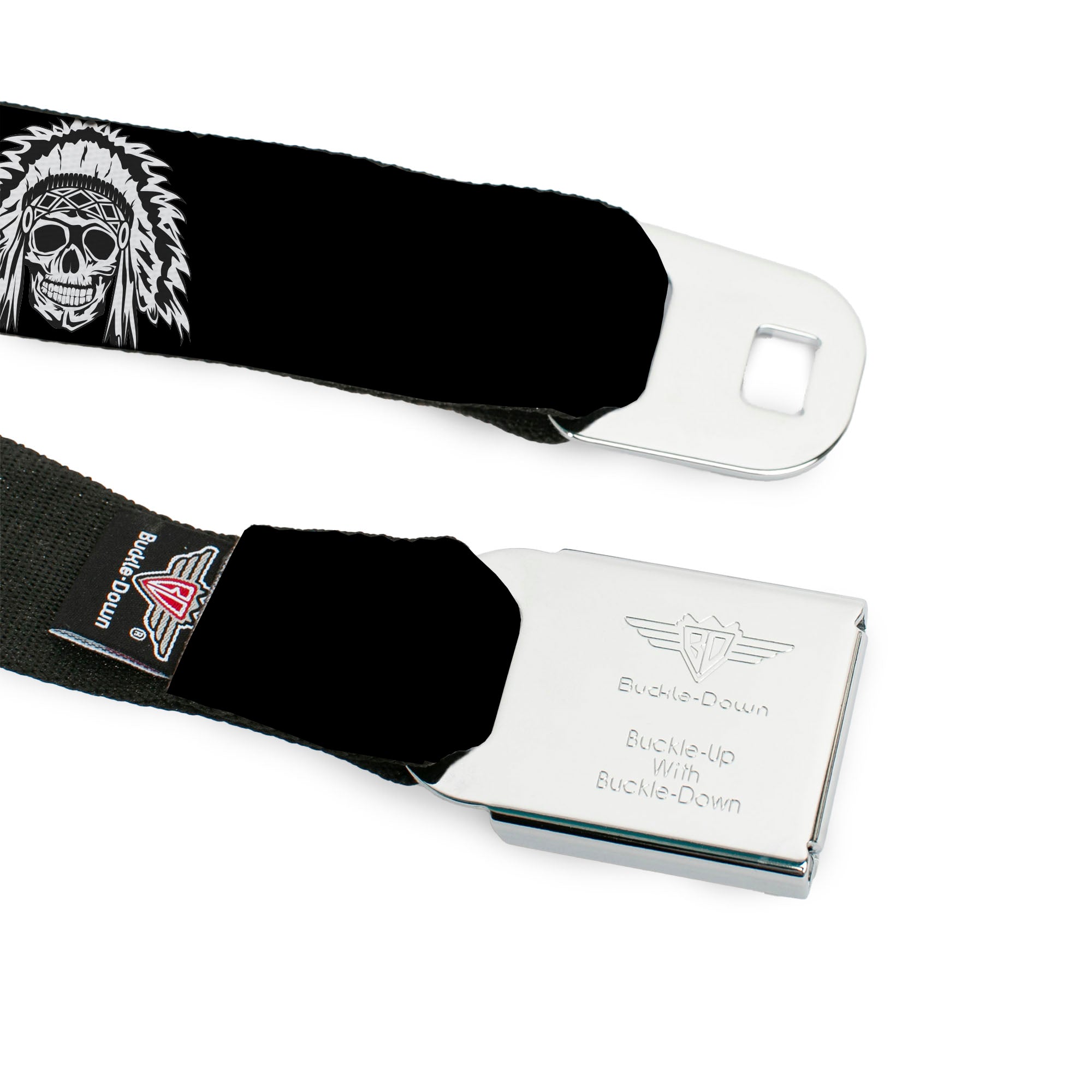 BD Wings Logo CLOSE-UP Full Color Black Silver Seatbelt Belt - Native American Skull Black/White Webbing Seatbelt Belts Buckle-Down