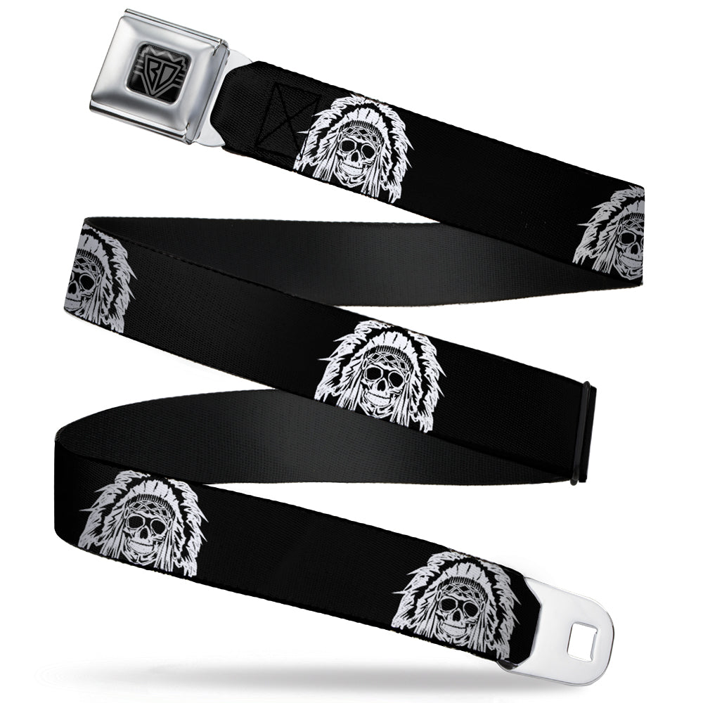 BD Wings Logo CLOSE-UP Full Color Black Silver Seatbelt Belt - Native American Skull Black/White Webbing Seatbelt Belts Buckle-Down