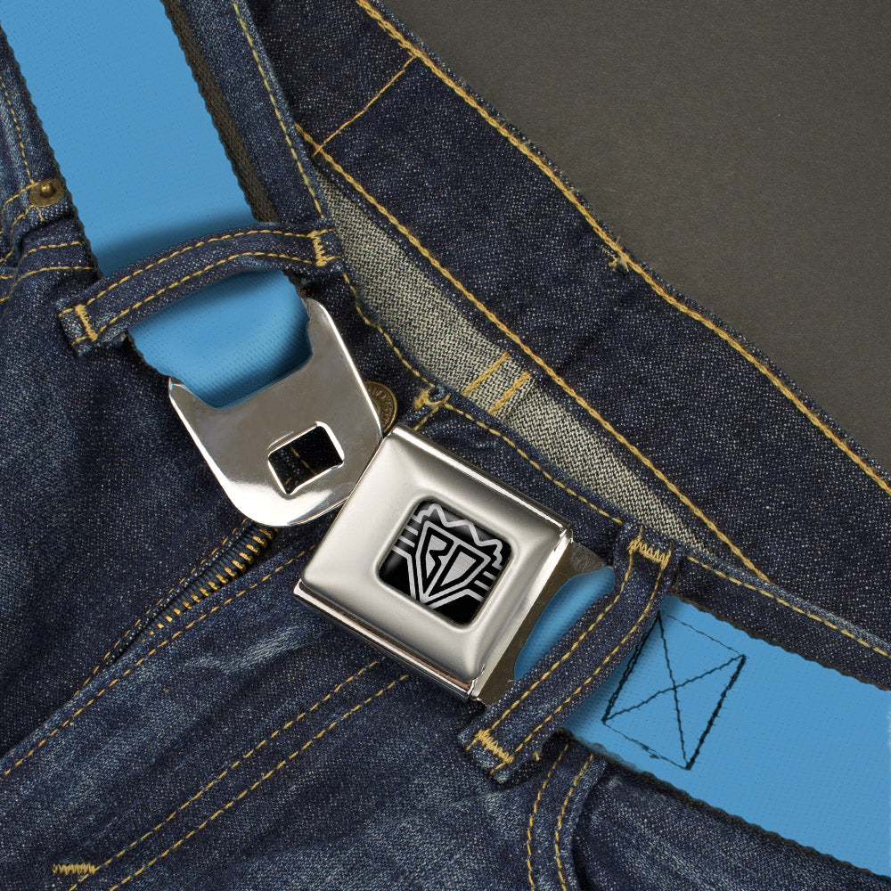 BD Wings Logo CLOSE-UP Full Color Black Silver Seatbelt Belt - Neon Blue Webbing Seatbelt Belts Buckle-Down