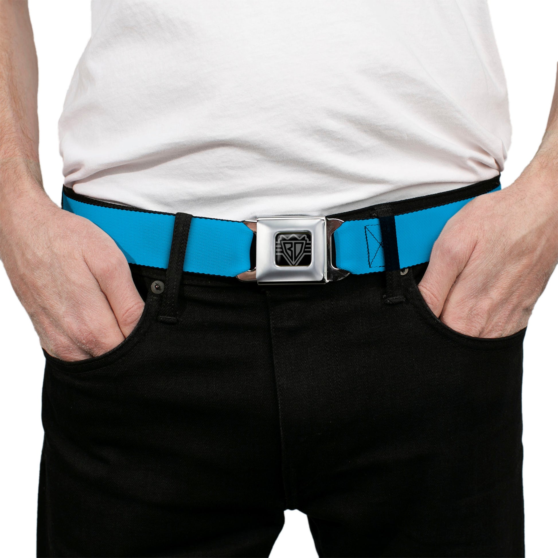 BD Wings Logo CLOSE-UP Full Color Black Silver Seatbelt Belt - Neon Blue Webbing Seatbelt Belts Buckle-Down