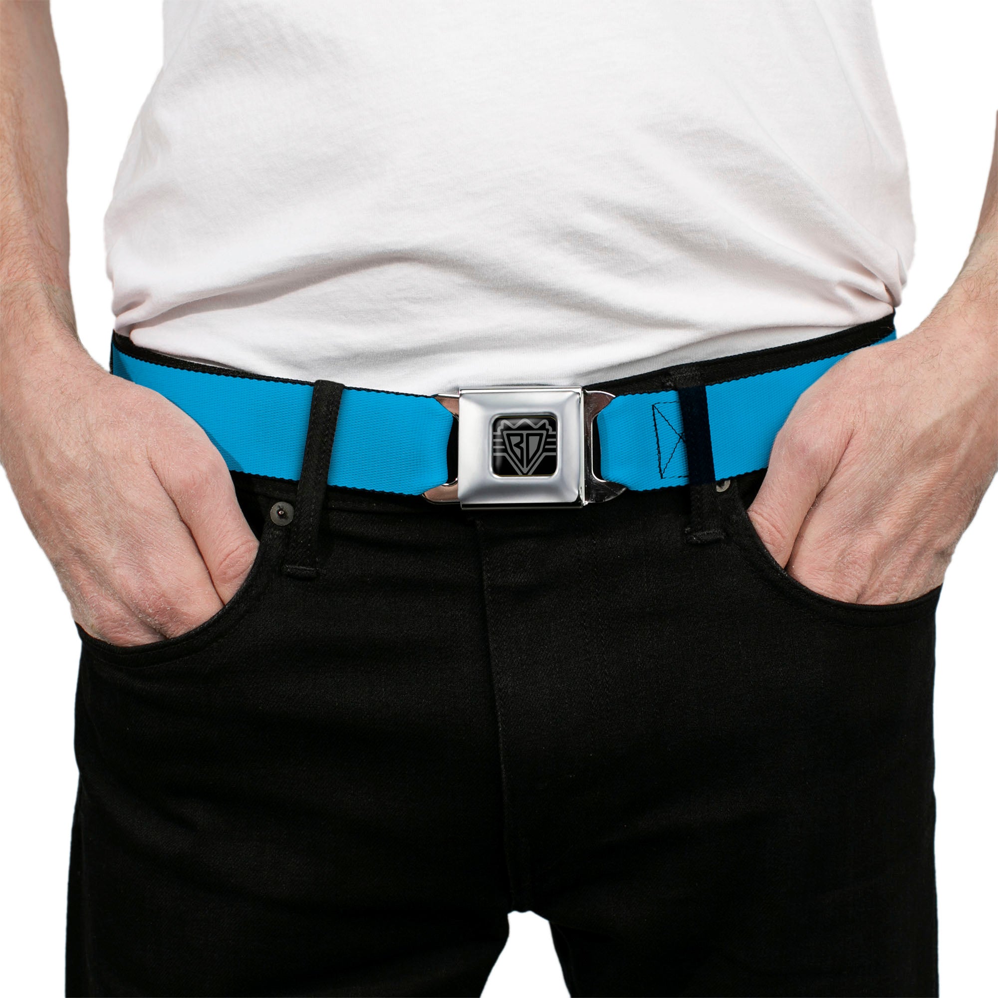 BD Wings Logo CLOSE-UP Full Color Black Silver Seatbelt Belt - Neon Blue Webbing Seatbelt Belts Buckle-Down