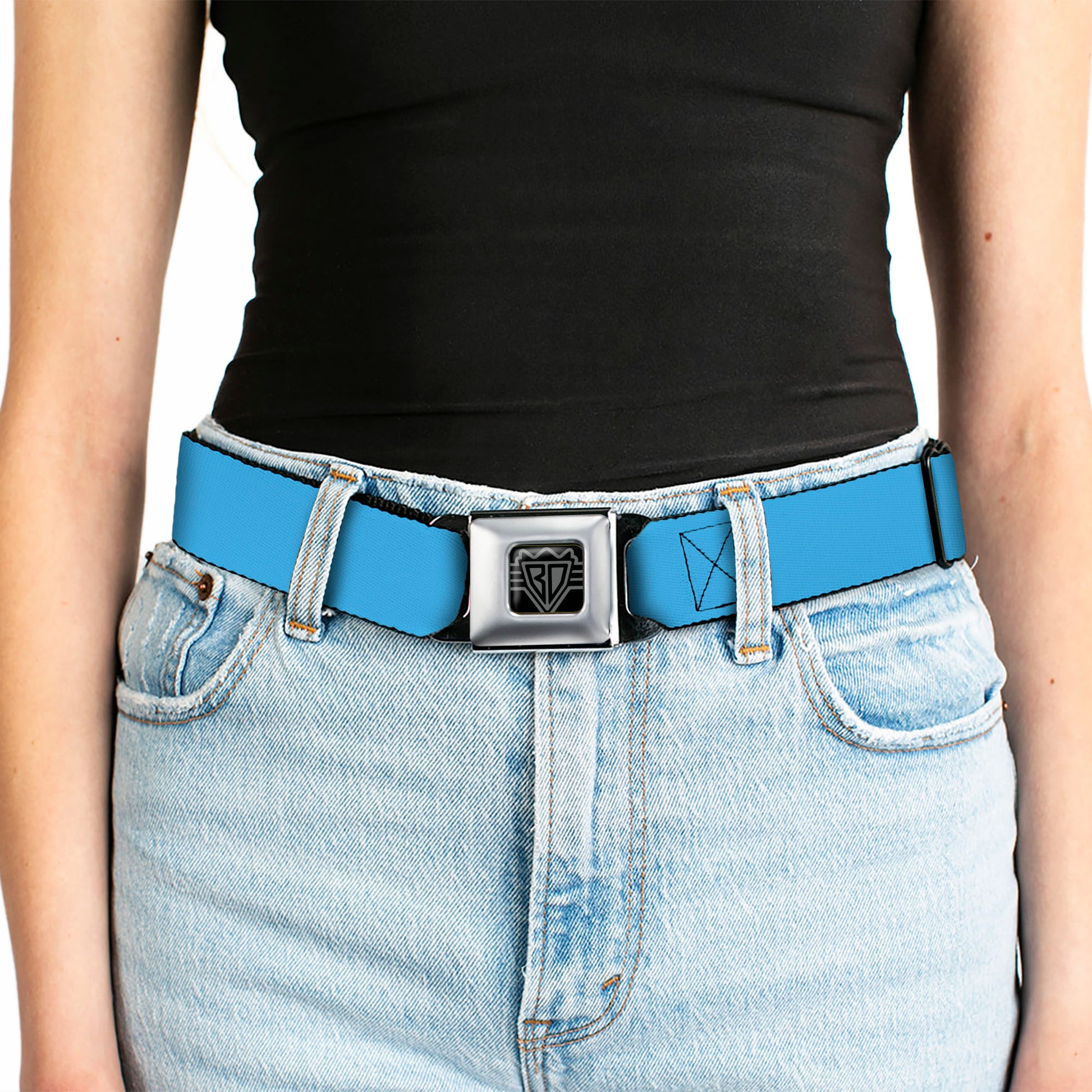 BD Wings Logo CLOSE-UP Full Color Black Silver Seatbelt Belt - Neon Blue Webbing Seatbelt Belts Buckle-Down