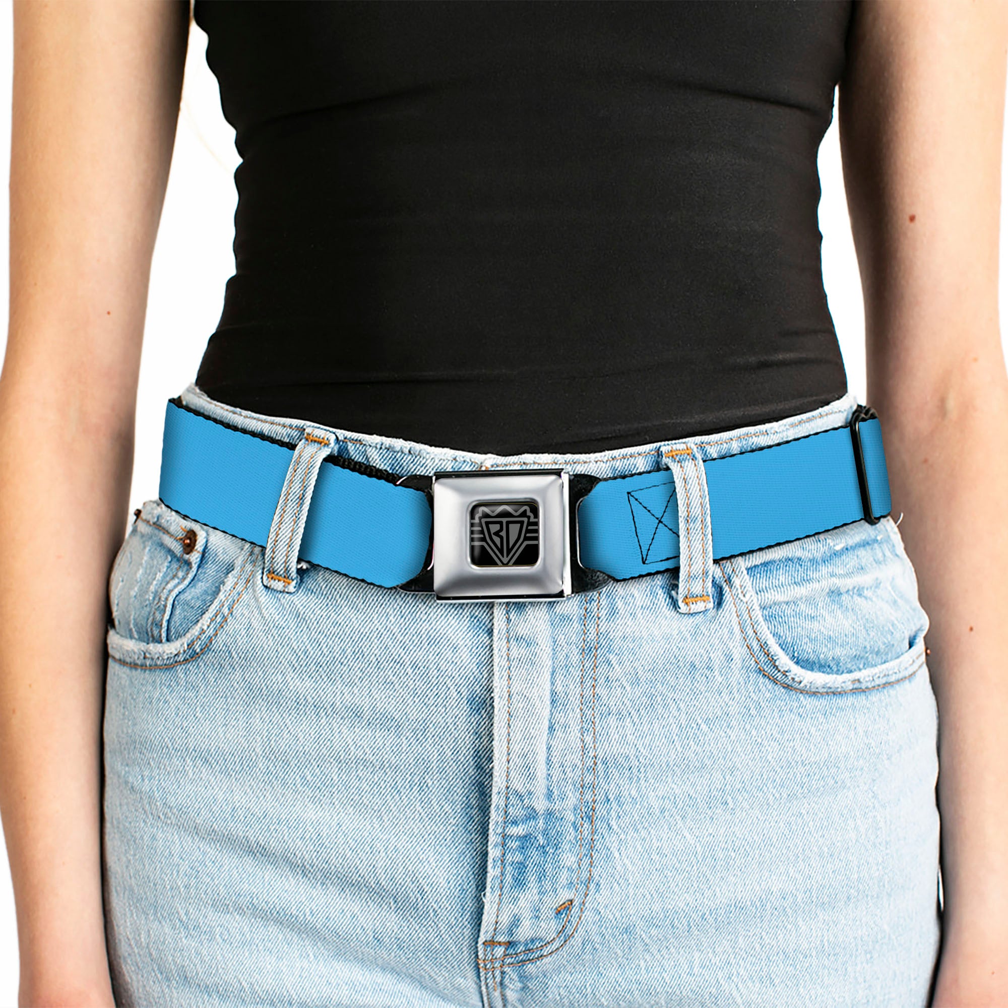 BD Wings Logo CLOSE-UP Full Color Black Silver Seatbelt Belt - Neon Blue Webbing Seatbelt Belts Buckle-Down