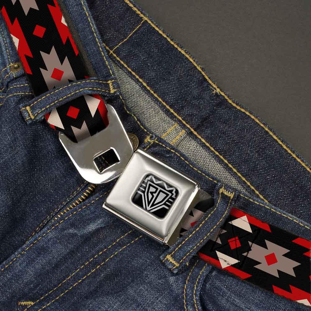 BD Wings Logo CLOSE-UP Full Color Black Silver Seatbelt Belt - Navajo Red/Black/Gray/Red Webbing Seatbelt Belts Buckle-Down