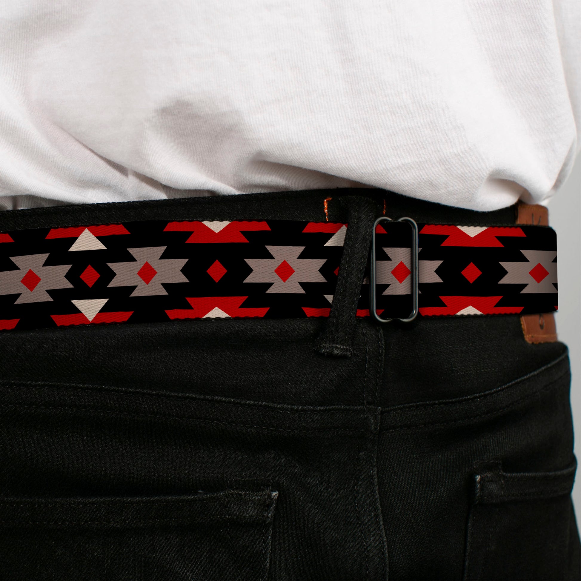 BD Wings Logo CLOSE-UP Full Color Black Silver Seatbelt Belt - Navajo Red/Black/Gray/Red Webbing Seatbelt Belts Buckle-Down