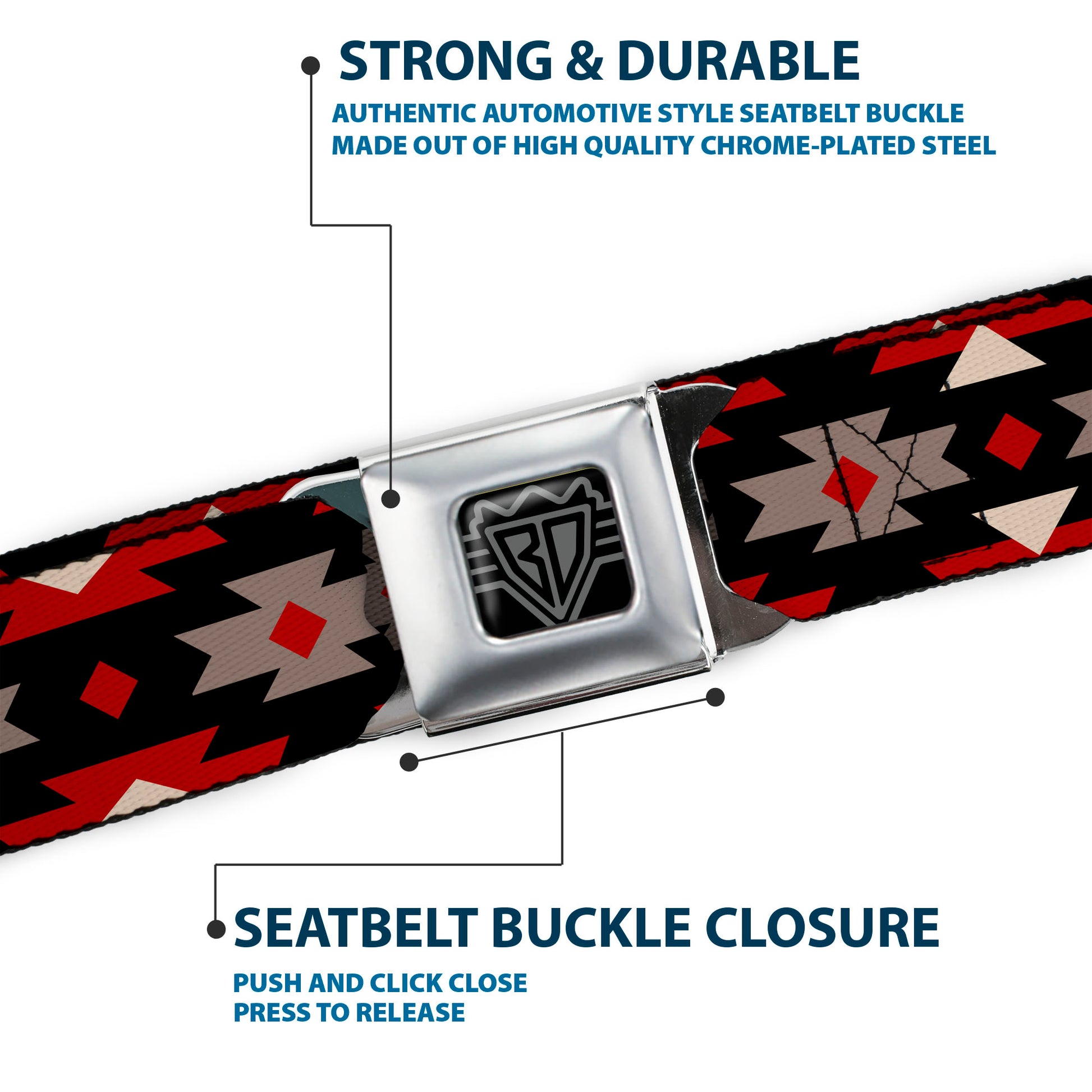 BD Wings Logo CLOSE-UP Full Color Black Silver Seatbelt Belt - Navajo Red/Black/Gray/Red Webbing Seatbelt Belts Buckle-Down