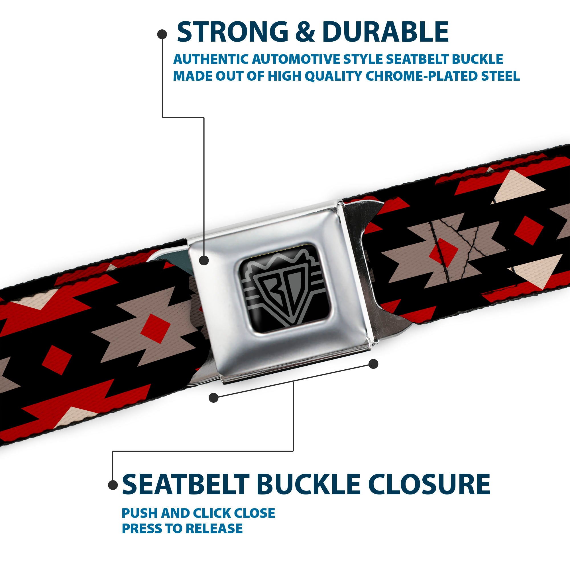 BD Wings Logo CLOSE-UP Full Color Black Silver Seatbelt Belt - Navajo Red/Black/Gray/Red Webbing Seatbelt Belts Buckle-Down