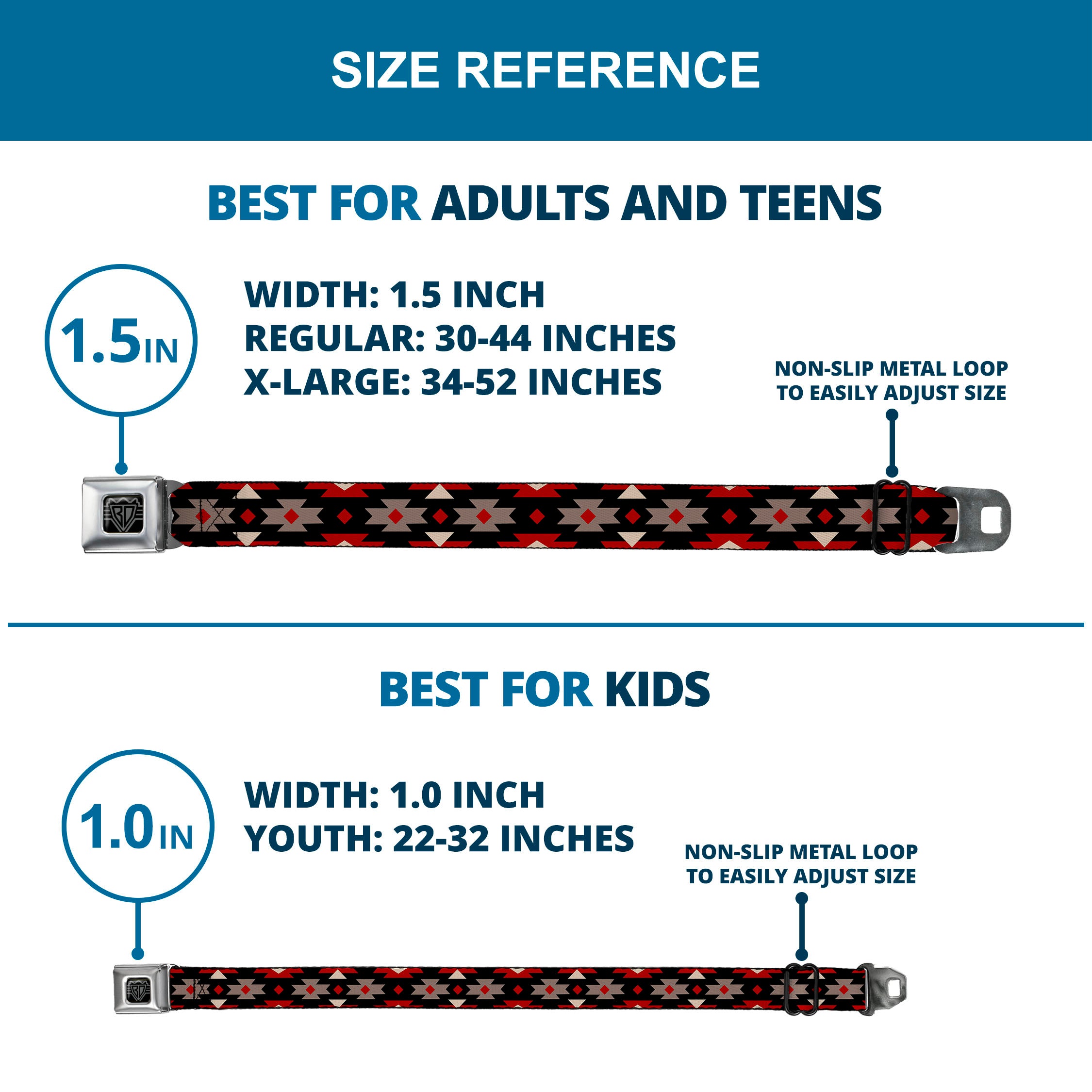 BD Wings Logo CLOSE-UP Full Color Black Silver Seatbelt Belt - Navajo Red/Black/Gray/Red Webbing Seatbelt Belts Buckle-Down