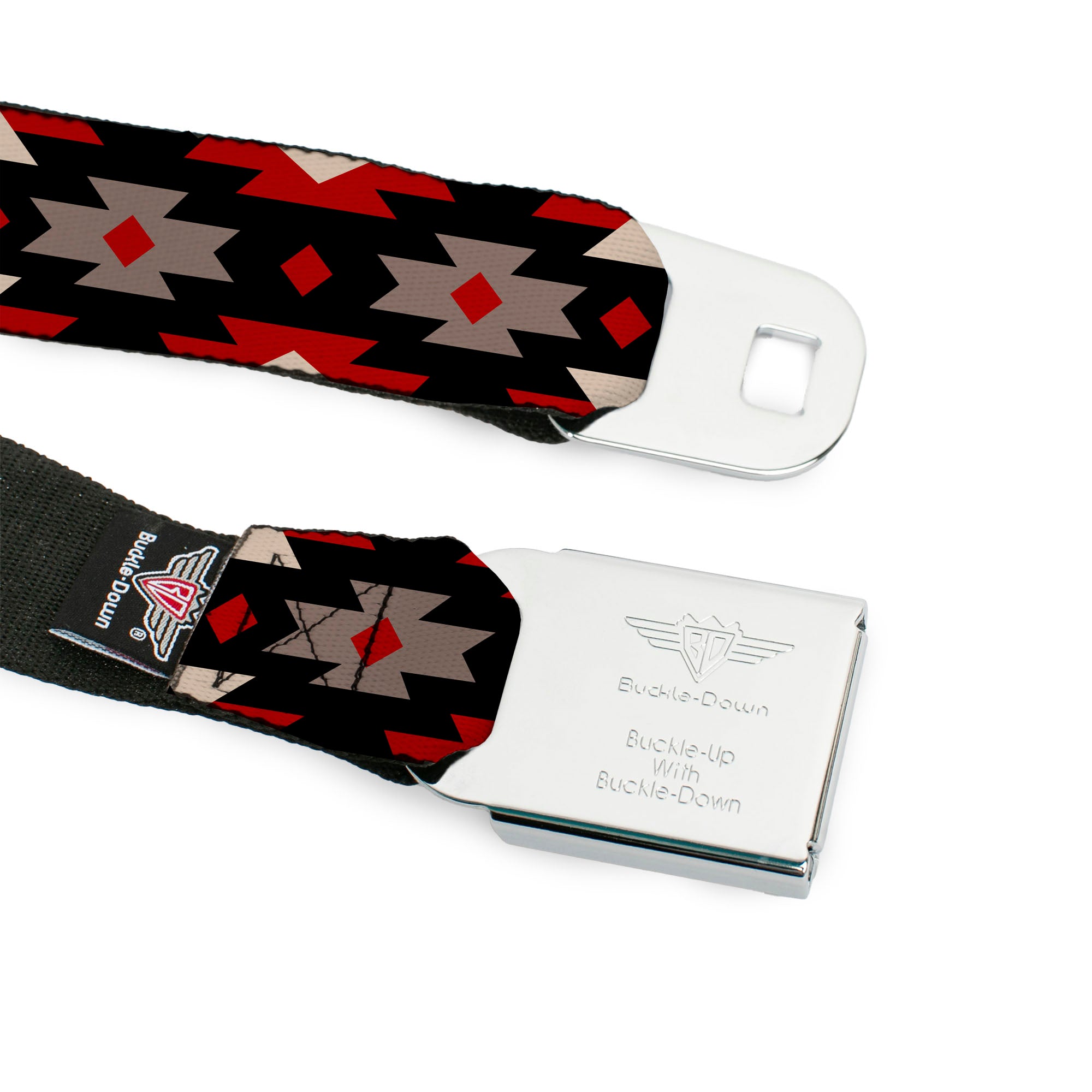 BD Wings Logo CLOSE-UP Full Color Black Silver Seatbelt Belt - Navajo Red/Black/Gray/Red Webbing Seatbelt Belts Buckle-Down