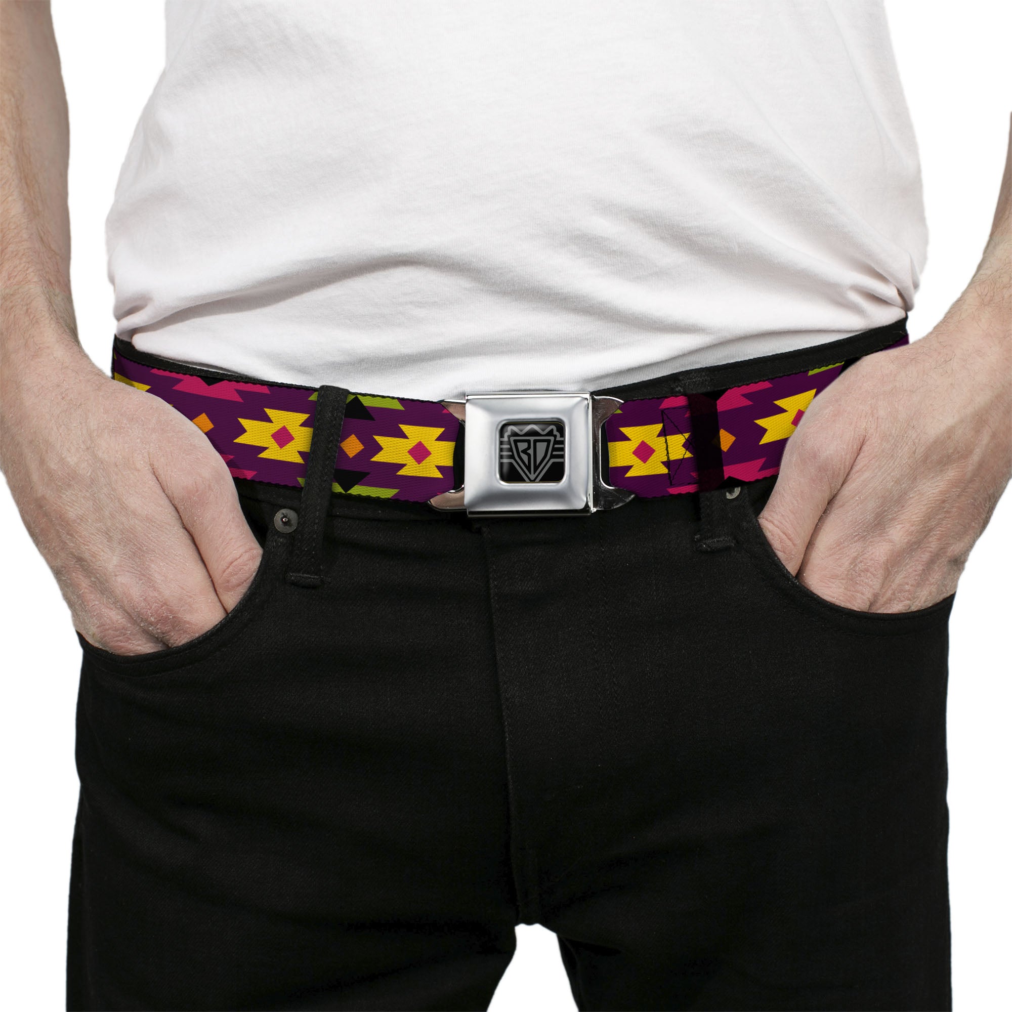 BD Wings Logo CLOSE-UP Full Color Black Silver Seatbelt Belt - Navajo Orange/Purple/Yellow/Pink/Green/Black Webbing Seatbelt Belts Buckle-Down