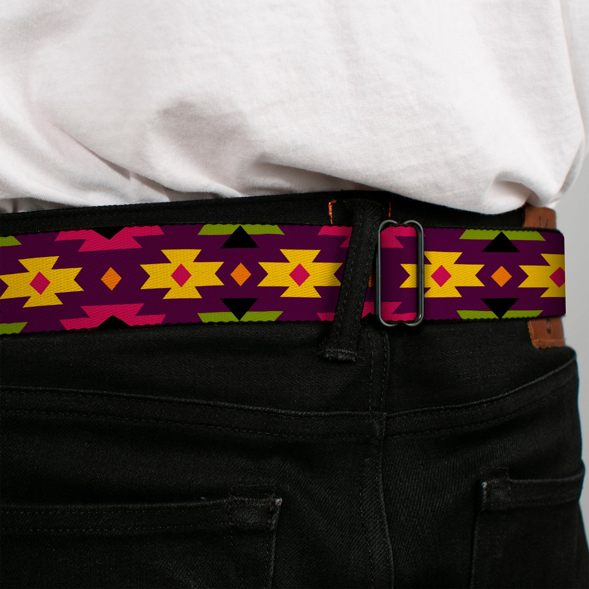 BD Wings Logo CLOSE-UP Full Color Black Silver Seatbelt Belt - Navajo Orange/Purple/Yellow/Pink/Green/Black Webbing Seatbelt Belts Buckle-Down