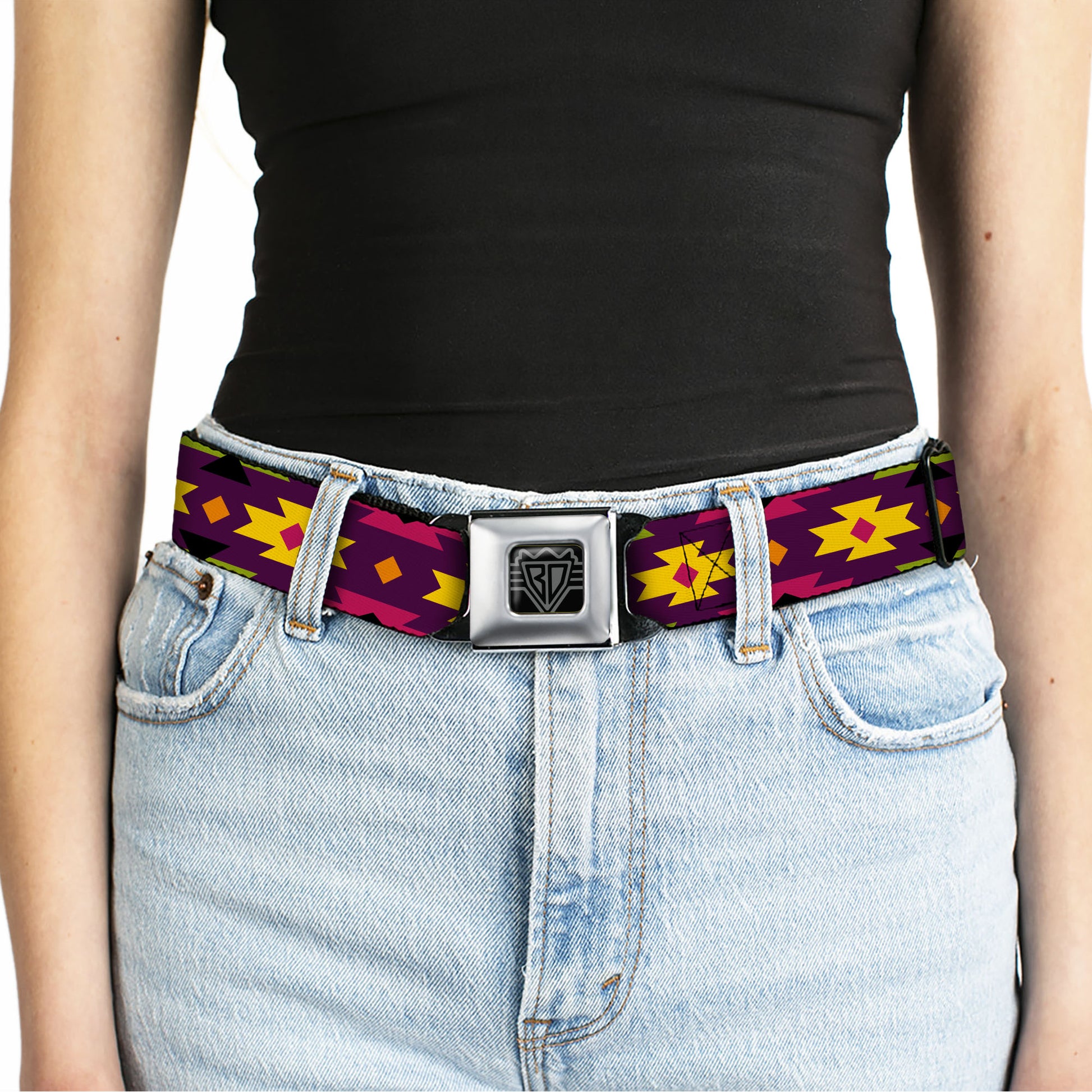 BD Wings Logo CLOSE-UP Full Color Black Silver Seatbelt Belt - Navajo Orange/Purple/Yellow/Pink/Green/Black Webbing Seatbelt Belts Buckle-Down